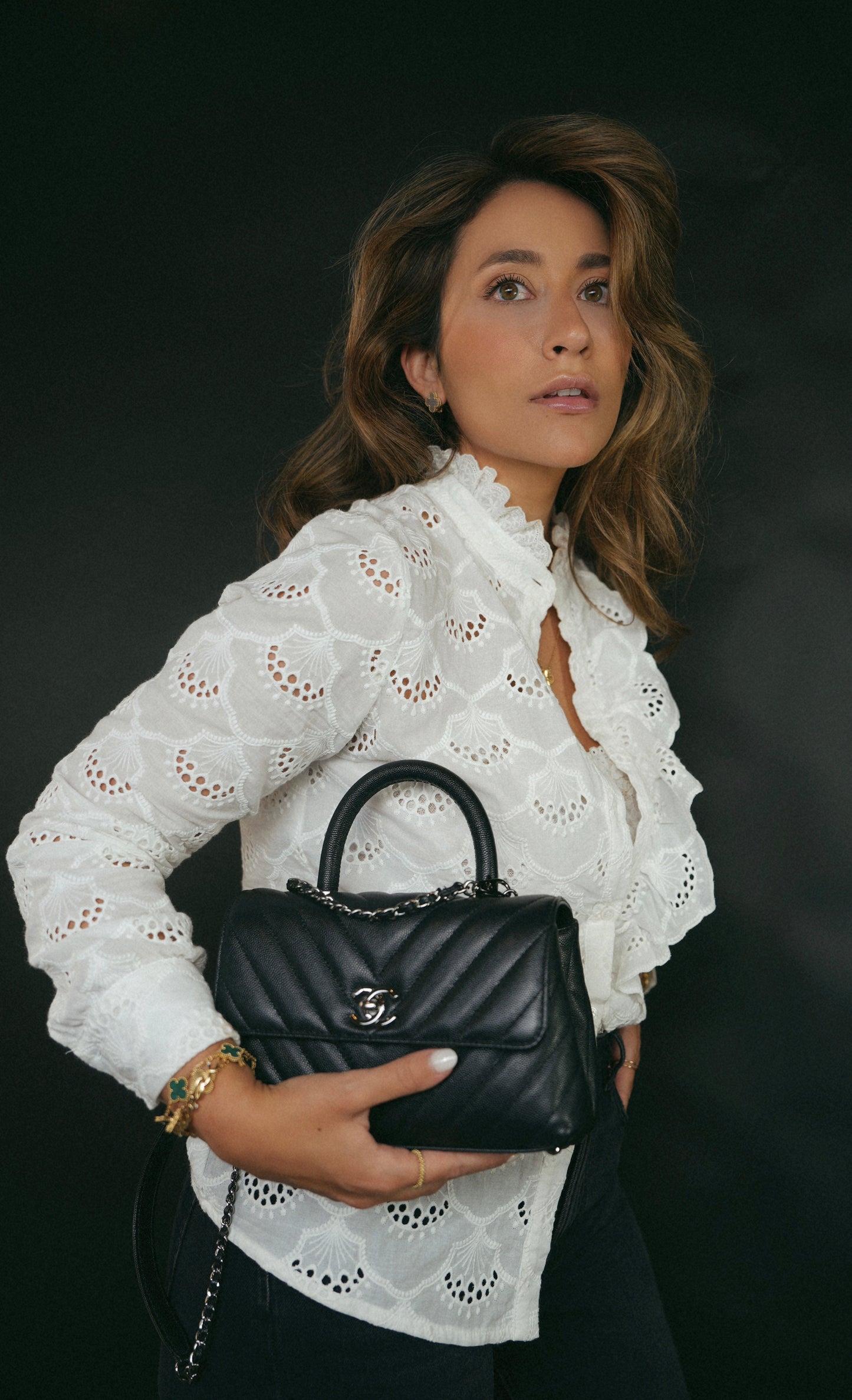 19K Black Caviar Chevron Quilted Small Coco Handle Ruthenium Hardware