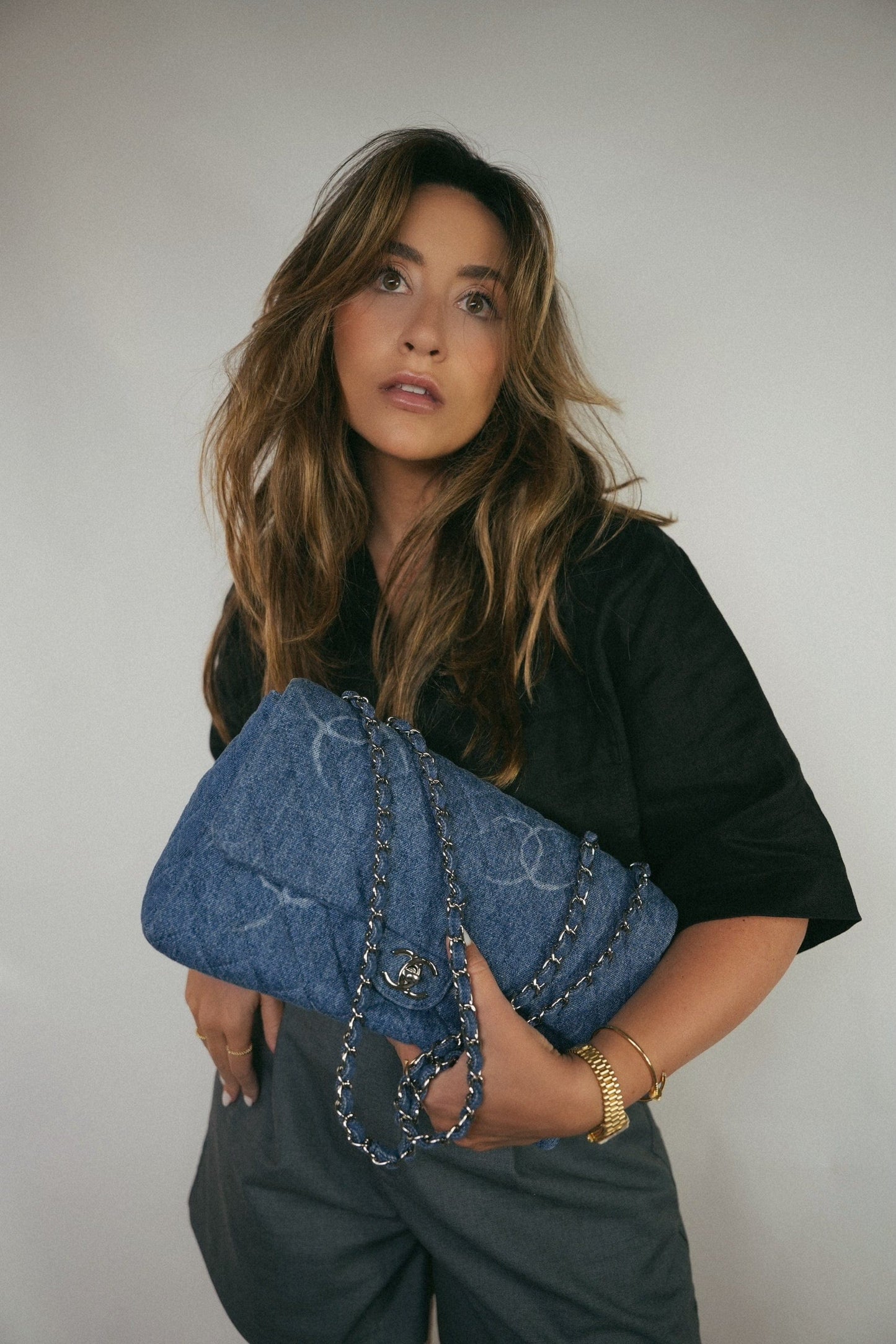 20B Blue Denim Quilted CC Single Flap Jumbo SHW