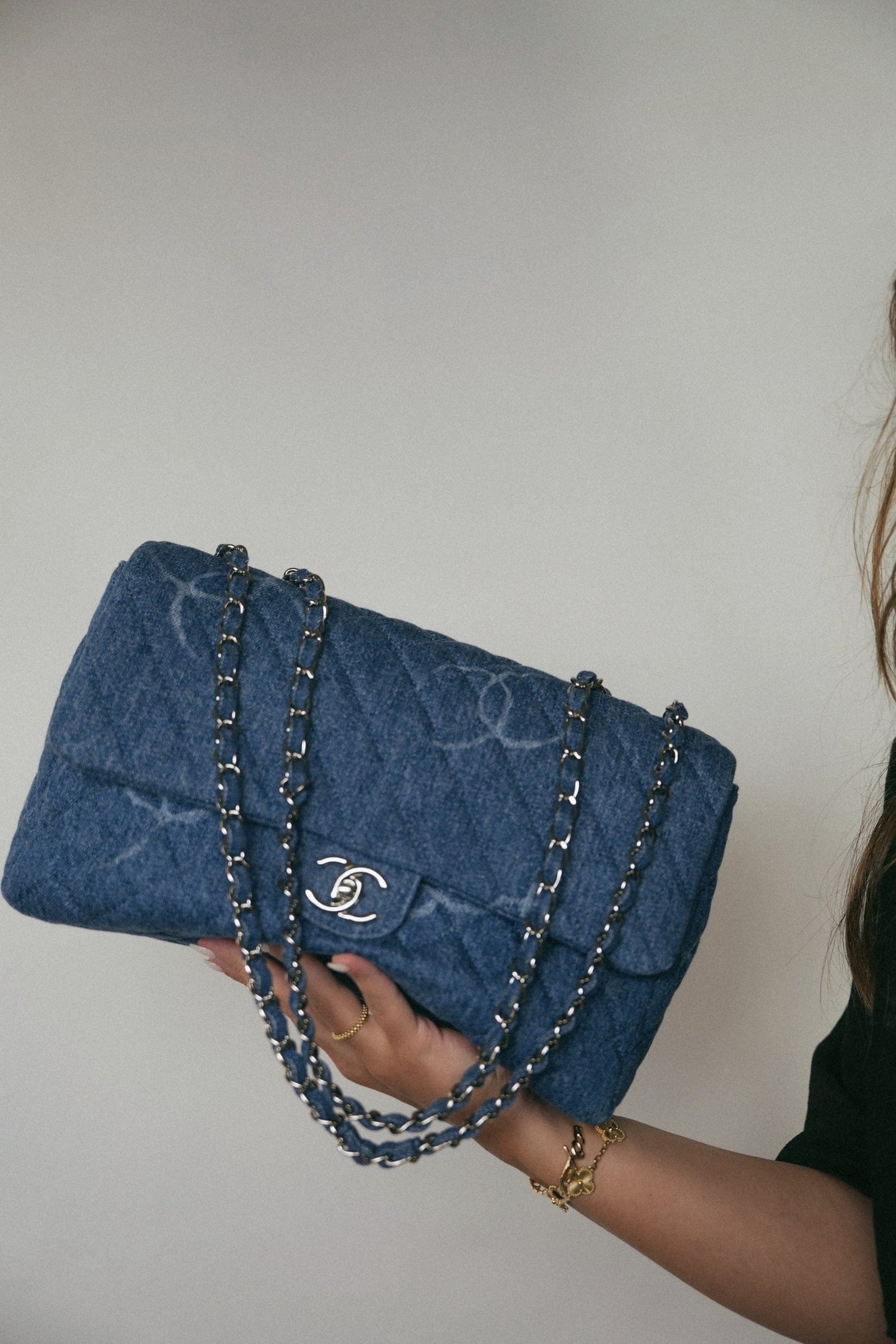 20B Blue Denim Quilted CC Single Flap Jumbo SHW