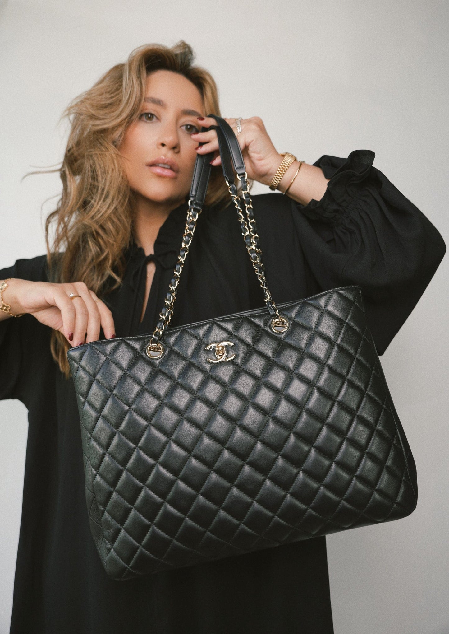 16B Black Lambskin Quilted CC Shopping Tote Large LGHW