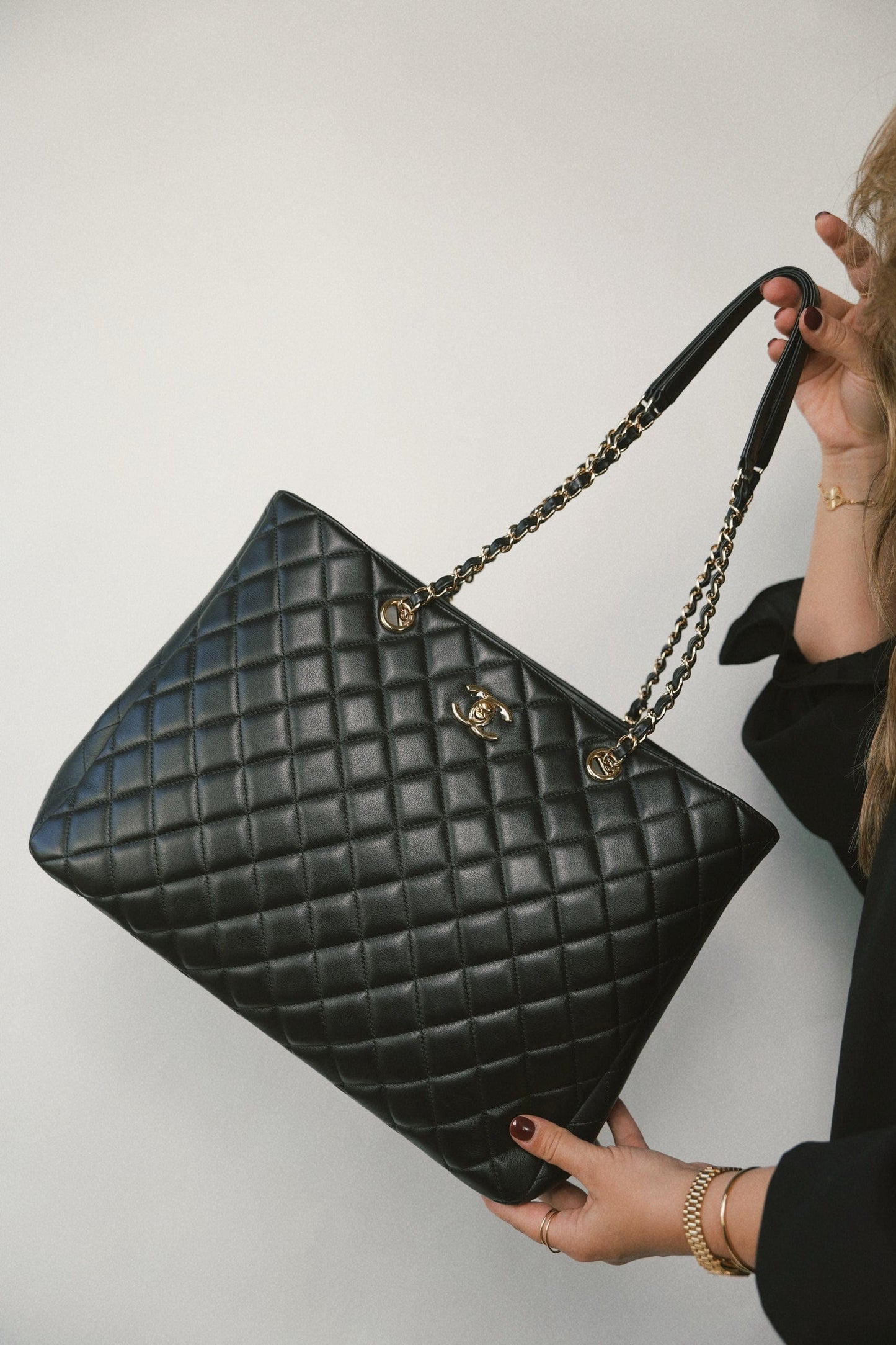 16B Black Lambskin Quilted CC Shopping Tote Large LGHW