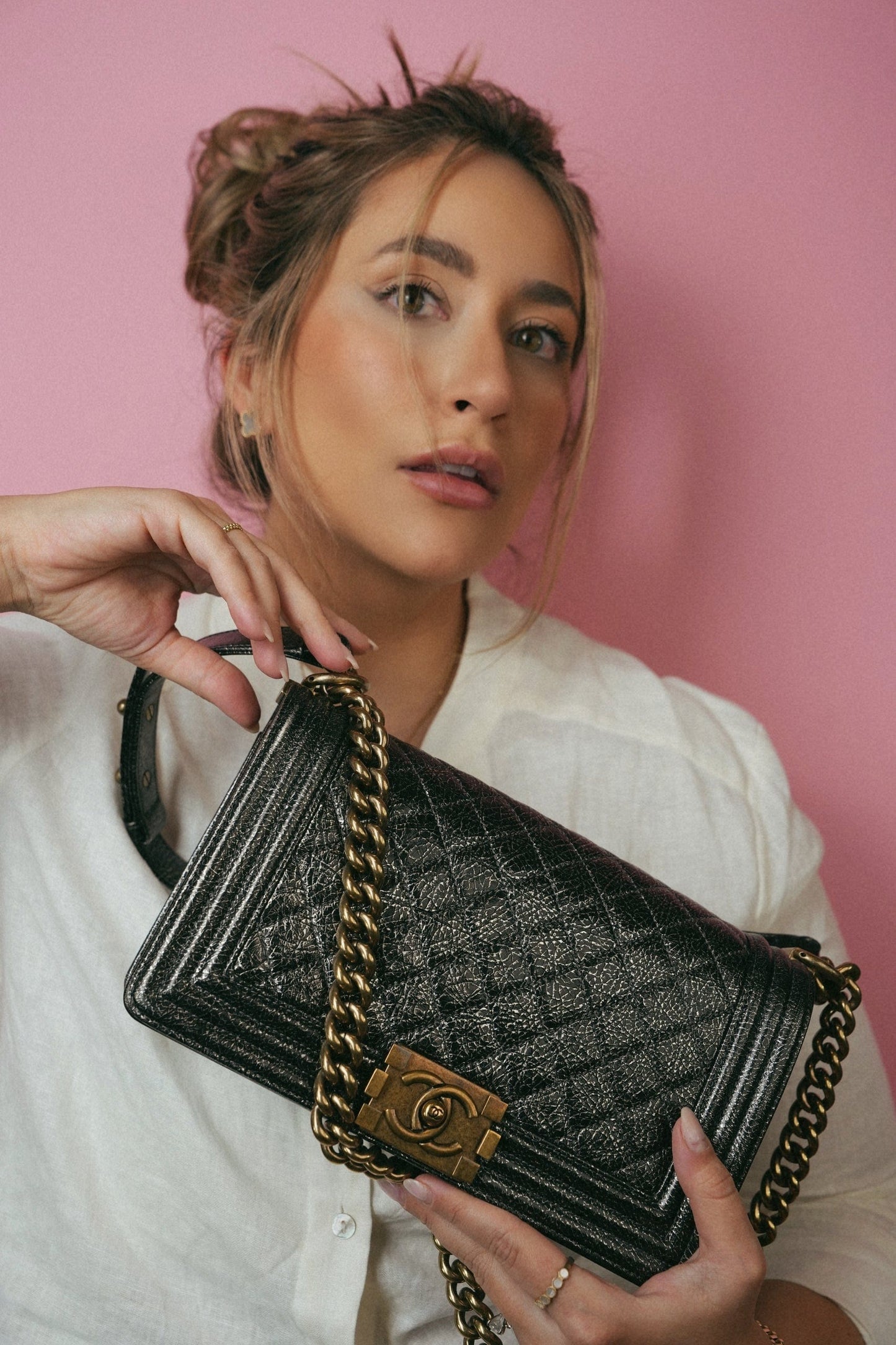 17A Black Silver Metallic Cracked Calfskin Boy Bag Old Medium Aged Bronze/Gold Hardware