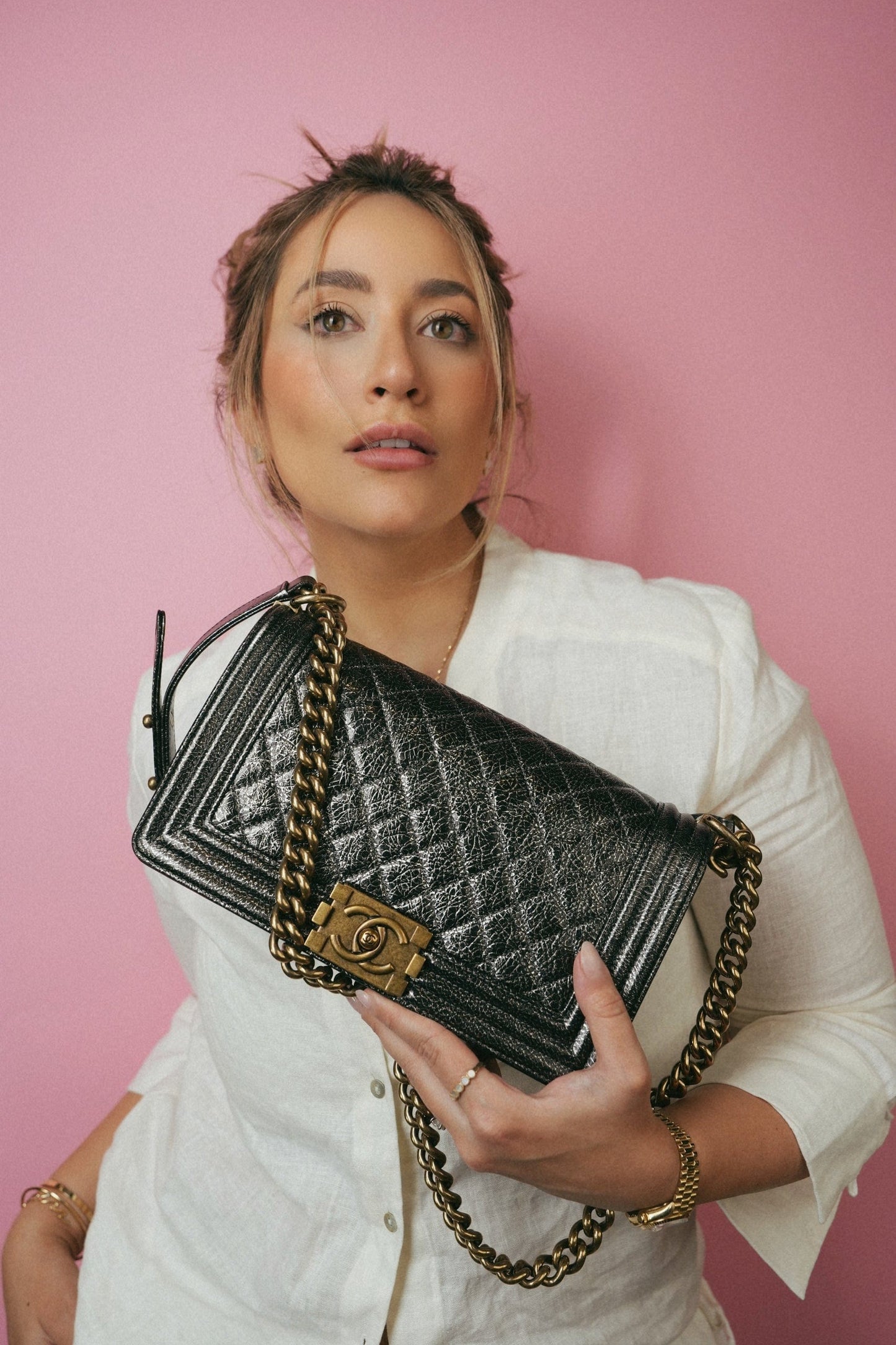 17A Black Silver Metallic Cracked Calfskin Boy Bag Old Medium Aged Bronze/Gold Hardware