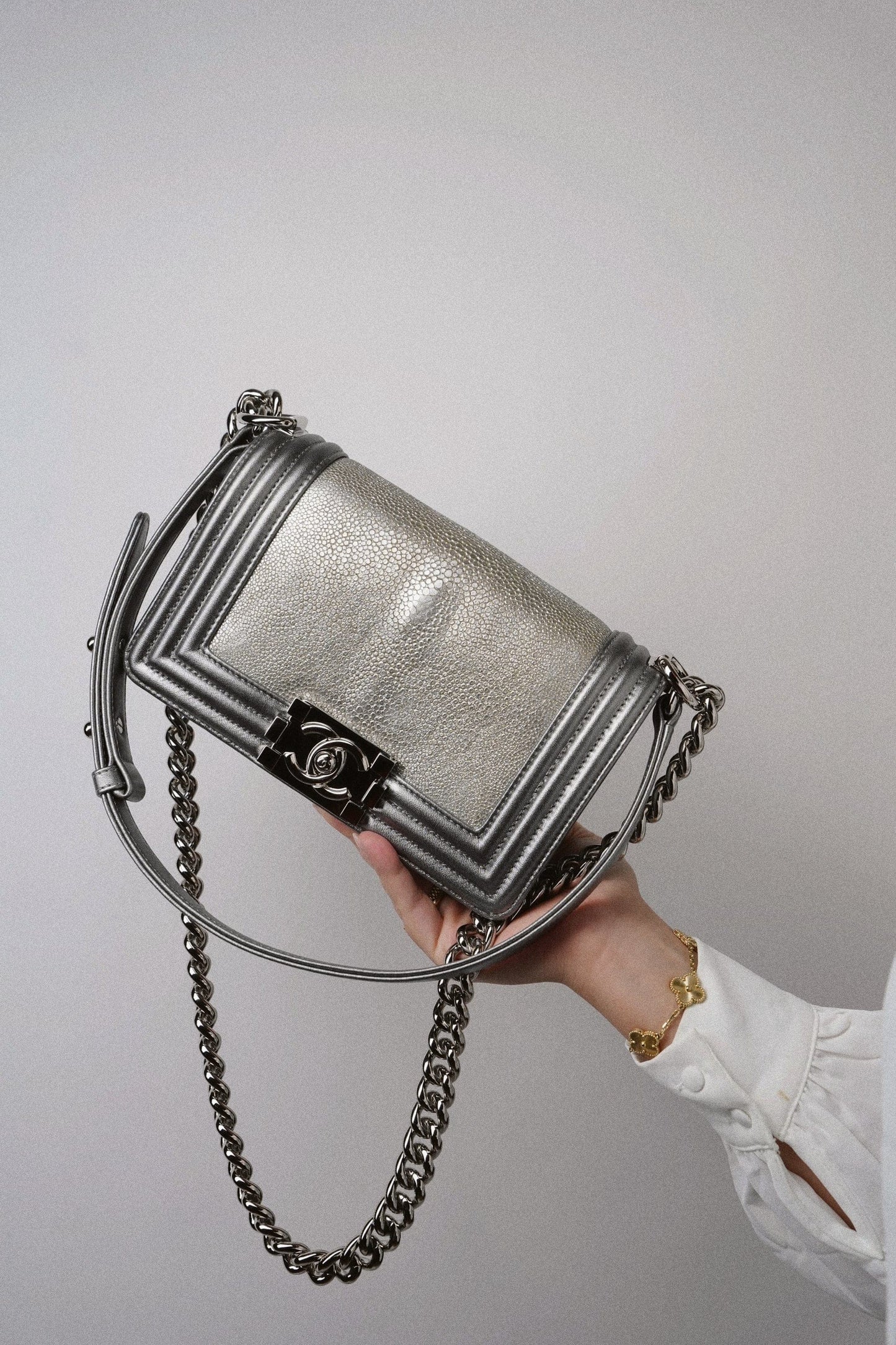 15K Silver Metallic Galuchat Stingray Boy Bag Small Silver Hardware