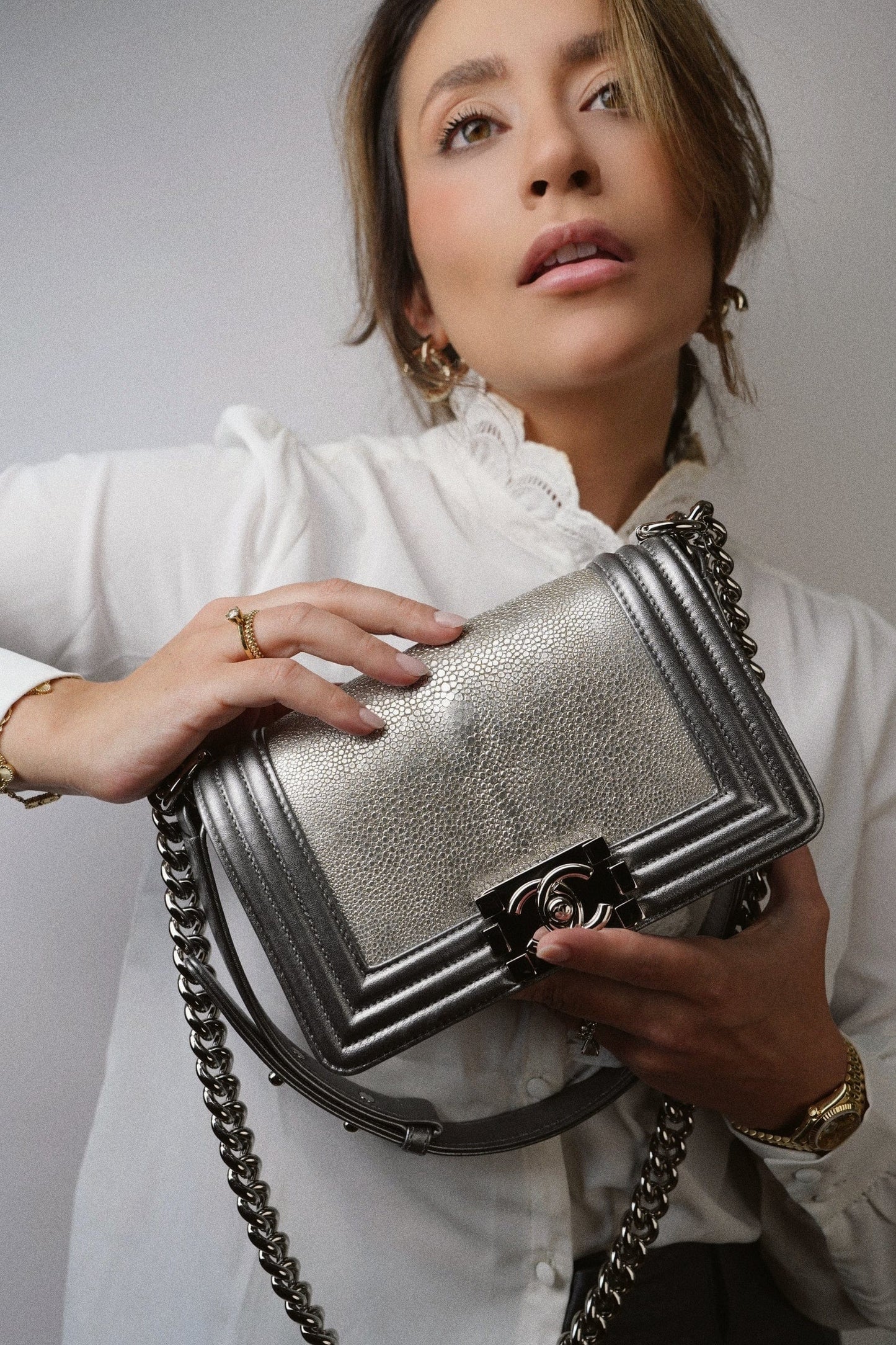 15K Silver Metallic Galuchat Stingray Boy Bag Small Silver Hardware