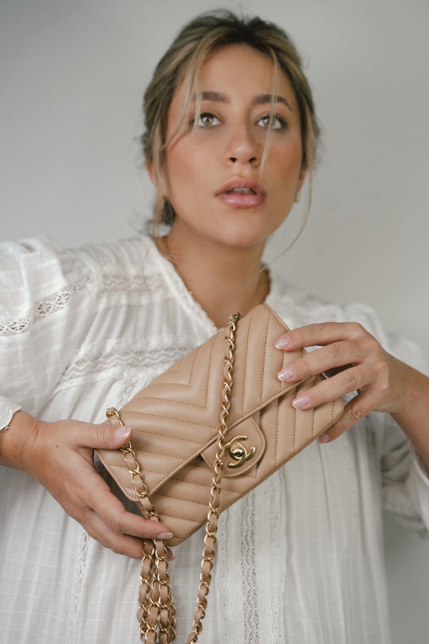 17C Dark Beige Chevron Quilted Mini Rectangular Flap Aged Gold Hardware