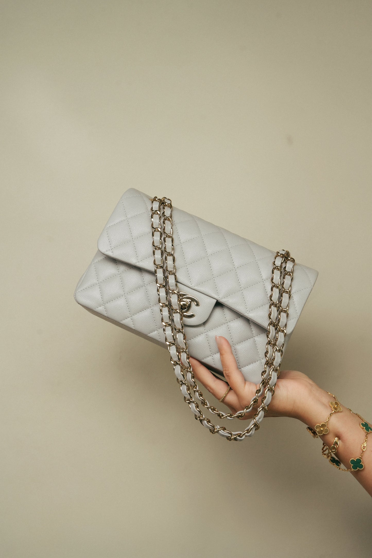 21A Grey Caviar Quilted Classic Flap Small Light Gold Hardware