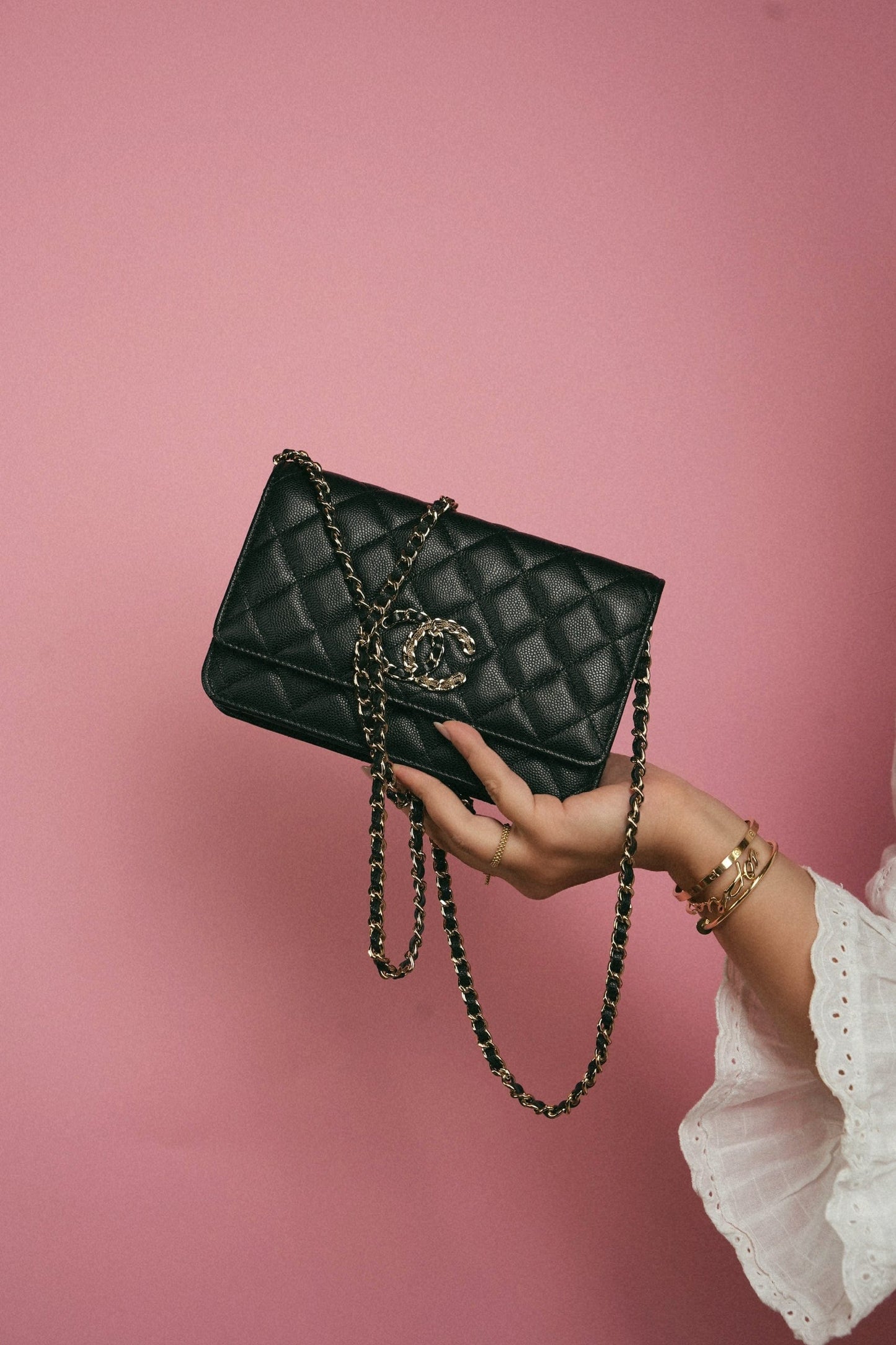 20K Black Caviar Quilted Wallet on Chain French New Wave Chain CC WOC Light Gold hardware