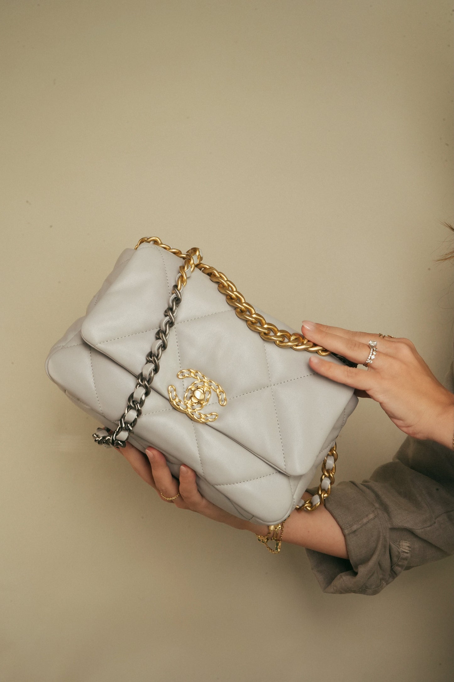 21A Light Grey Lambskin Quilted 19 Flap Small Mixed Hardware