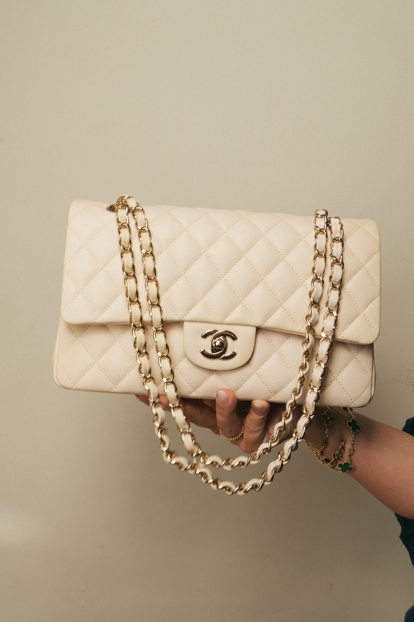 20C Beige/Ivory Caviar Quilted Classic Flap Medium LGHW