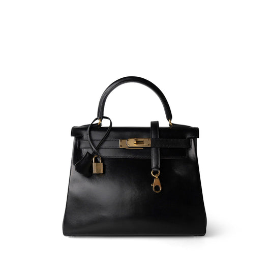 Vintage Kelly Retourne 28 Black Box Calfskin Gold Plated C Square Stamp