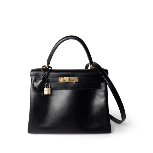 Vintage Kelly 28 Retourne Black Box Calfksin Gold Plated F Square Stamp