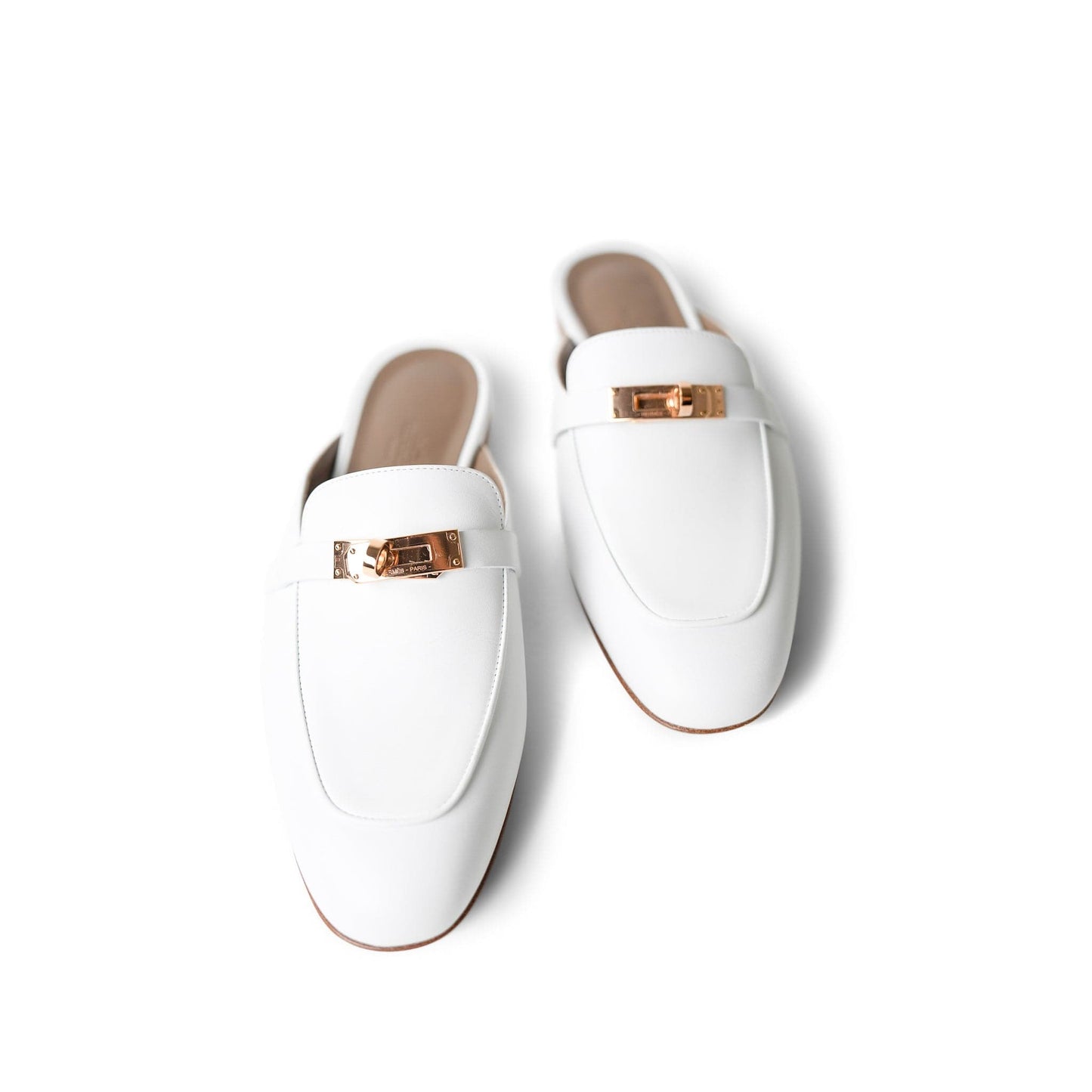 White Oz Mule Sandals w/ Rose Gold Kelly Buckle (38 EU / 7.5 US)