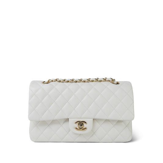White Caviar Quilted Classic Flap Medium Light Gold Hardware