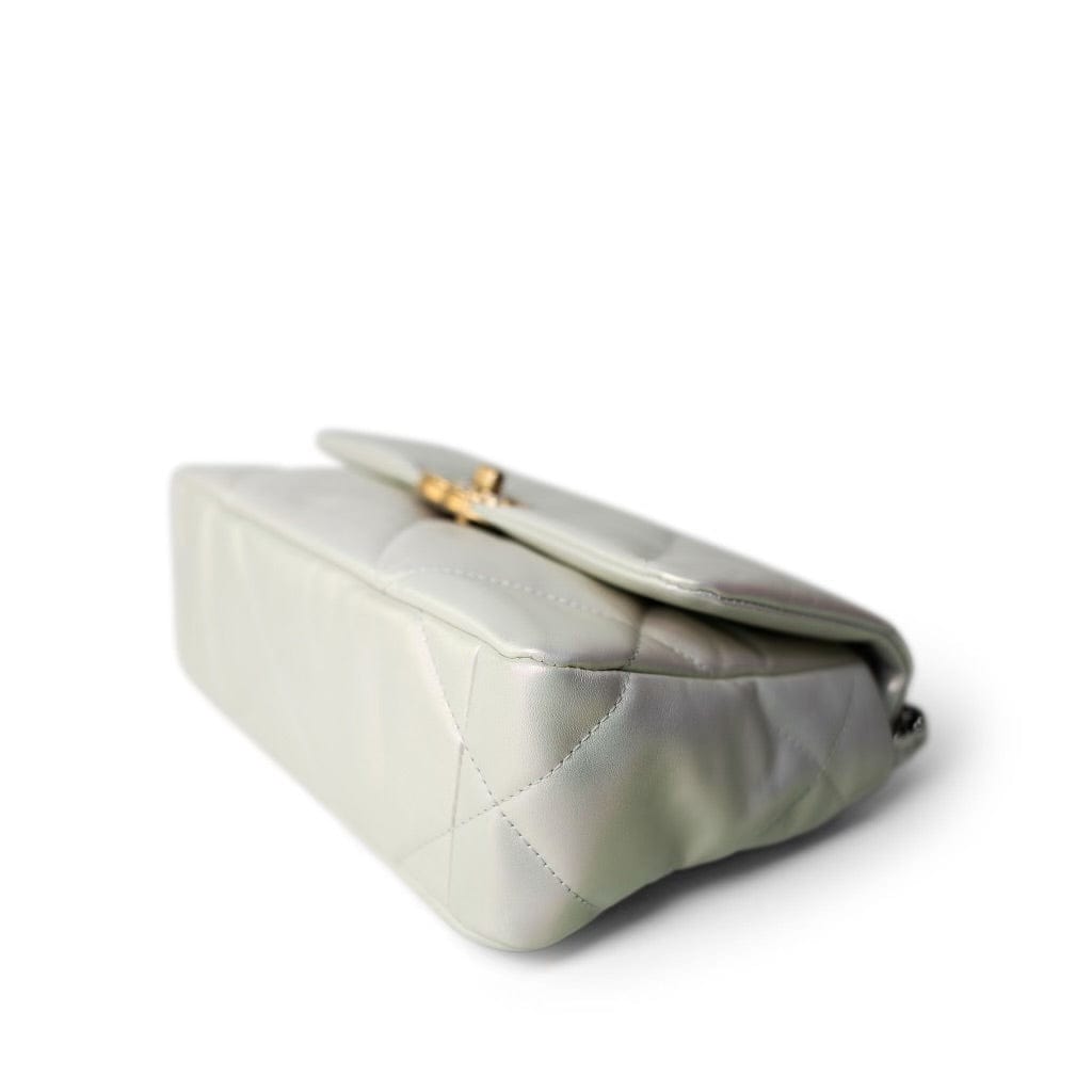 21P Iridescent White Lambskin Quilted 19 Flap Small Mixed Hardware