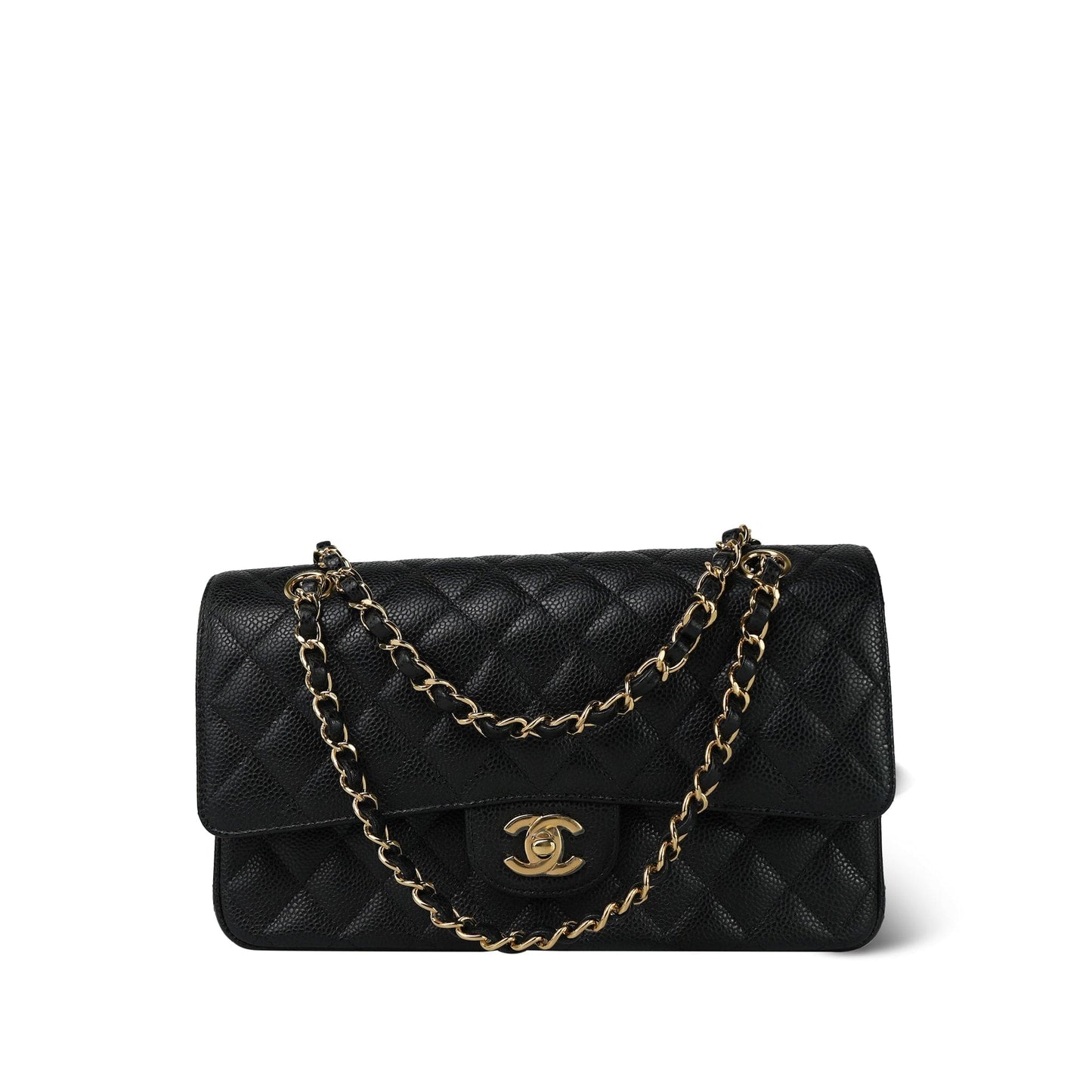 20S Black Caviar Quilted Classic Flap Medium Gold Hardware