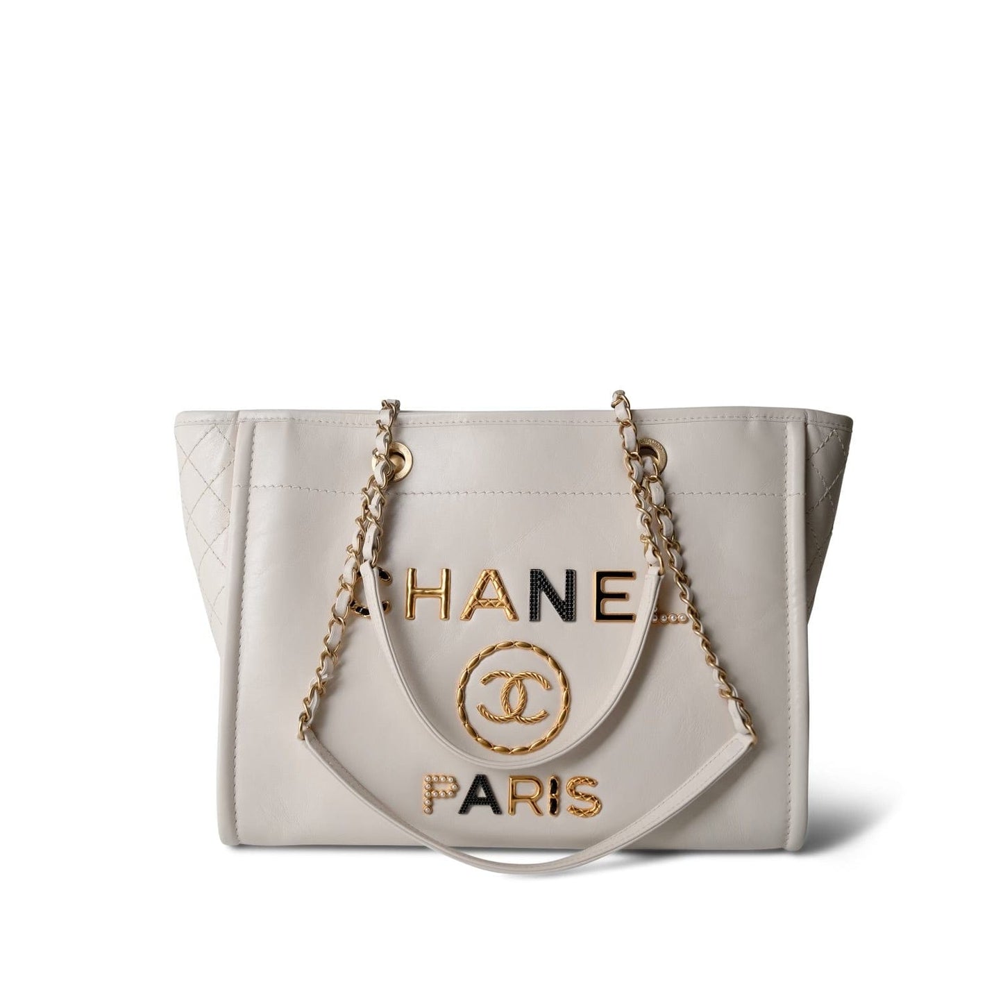 White Calfskin Quilted Embellished Deauville Tote Aged GHW