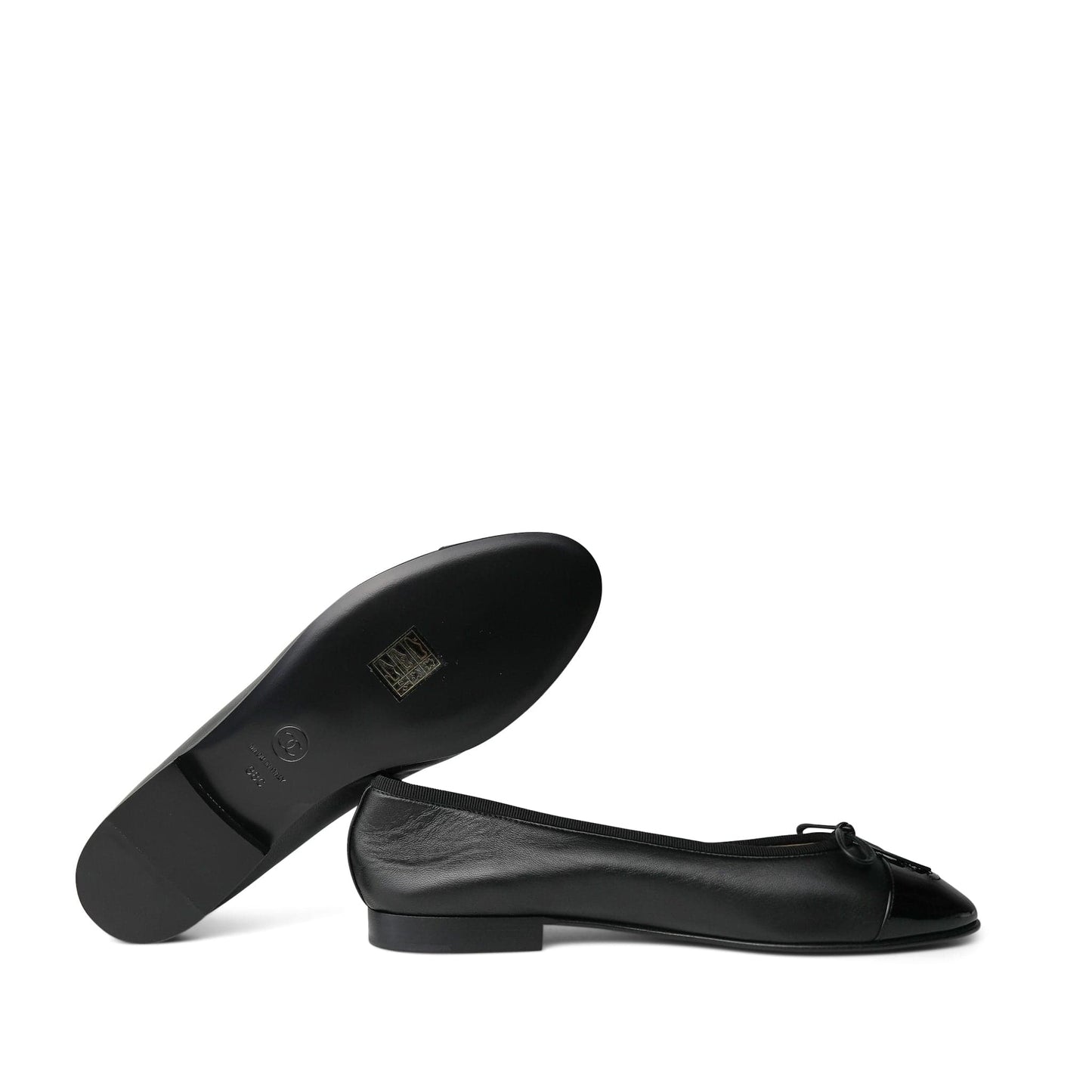 10C Black Lambskin Patent Cap Toe CC Ballerina Flats Size 38