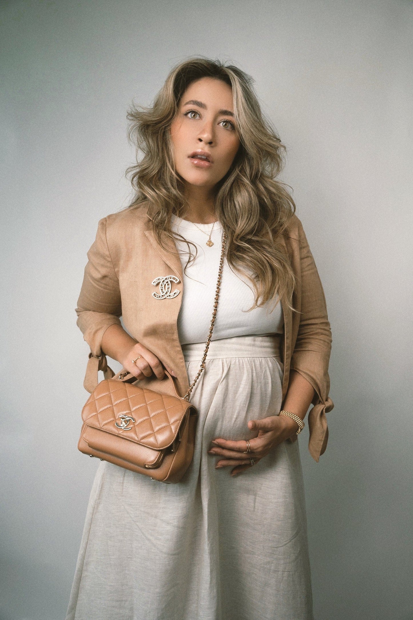 21P Caramel Beige Caviar Quilted Business Affinity Small Flap Light Gold Hardware