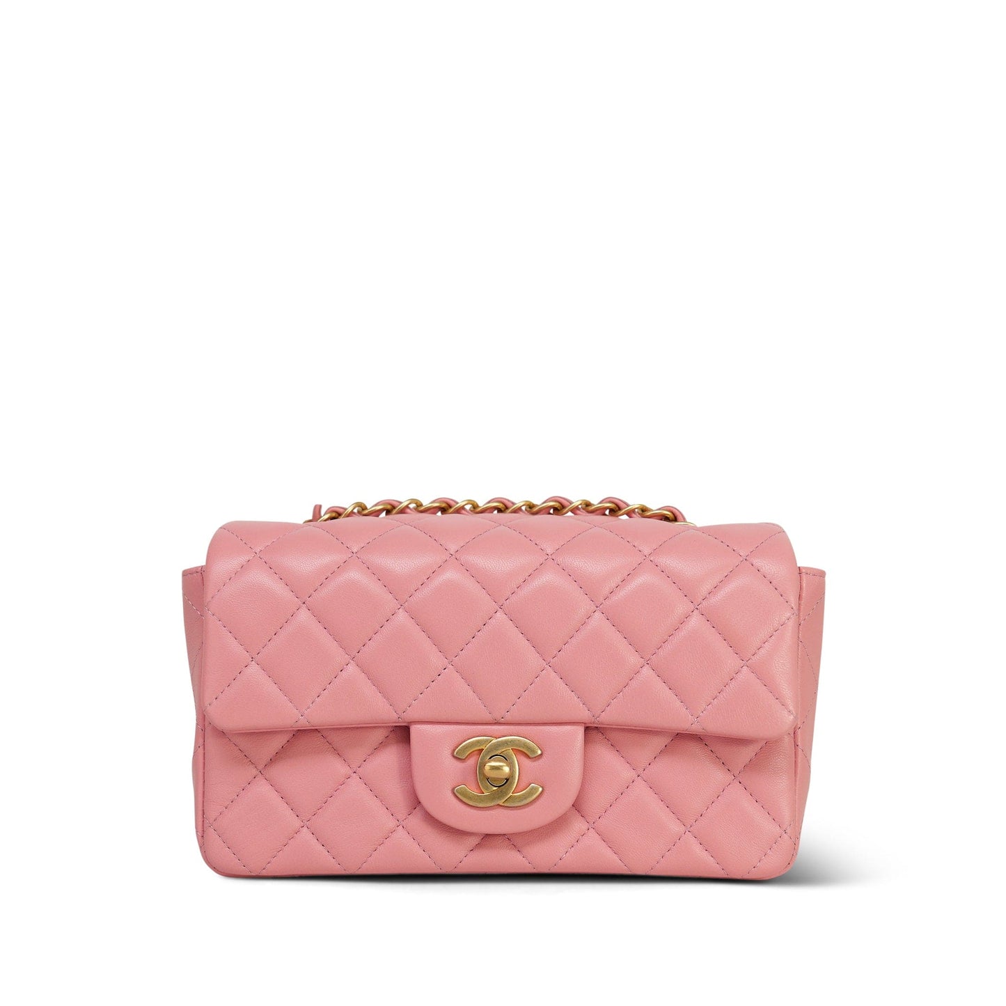 19s Pink Lambskin Quilted Mini Rectangular Flap Aged Gold Hardware