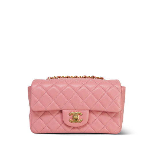 19s Pink Lambskin Quilted Mini Rectangular Flap Aged Gold Hardware