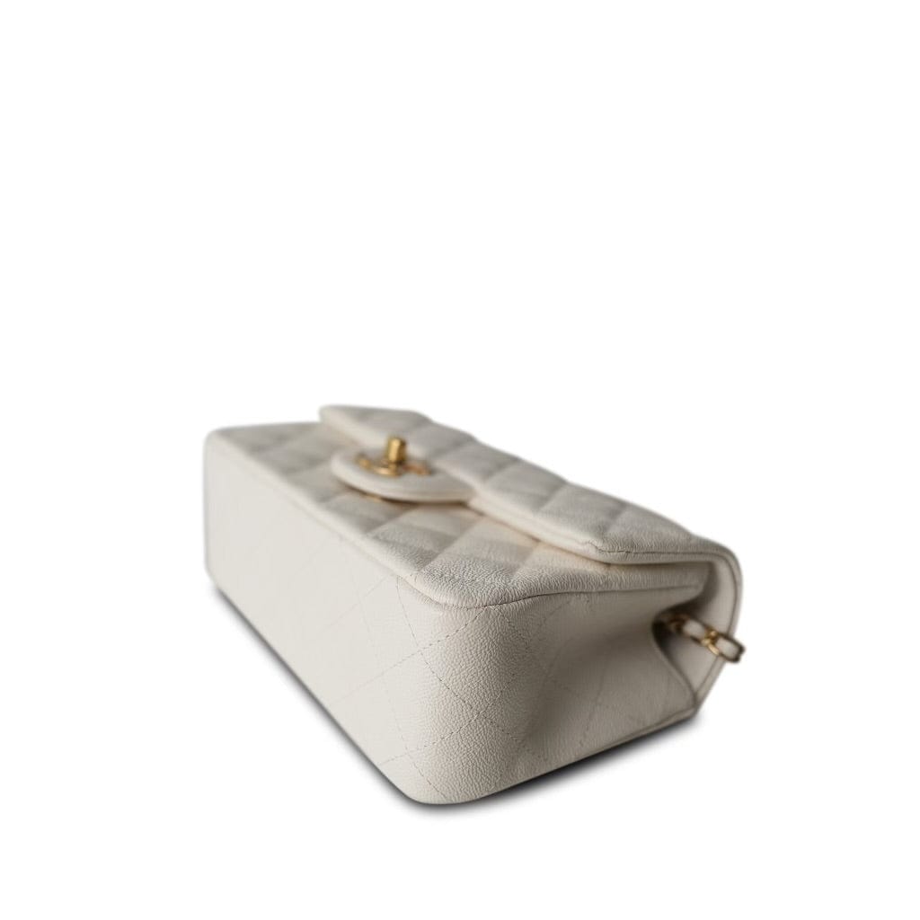 21S White / Ivory Caviar Quilted Mini Top Handle Aged Gold Hardware