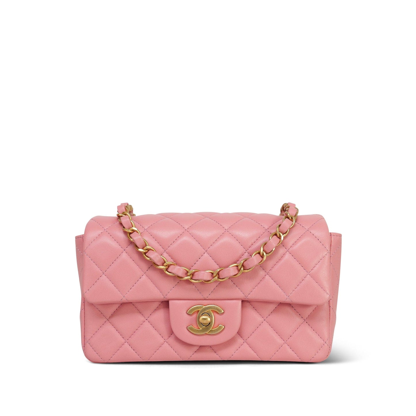 19s Pink Lambskin Quilted Mini Rectangular Flap Aged Gold Hardware