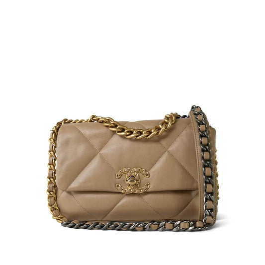 21S Beige Lambskin Quilted 19 Flap Small Mixed Hardware