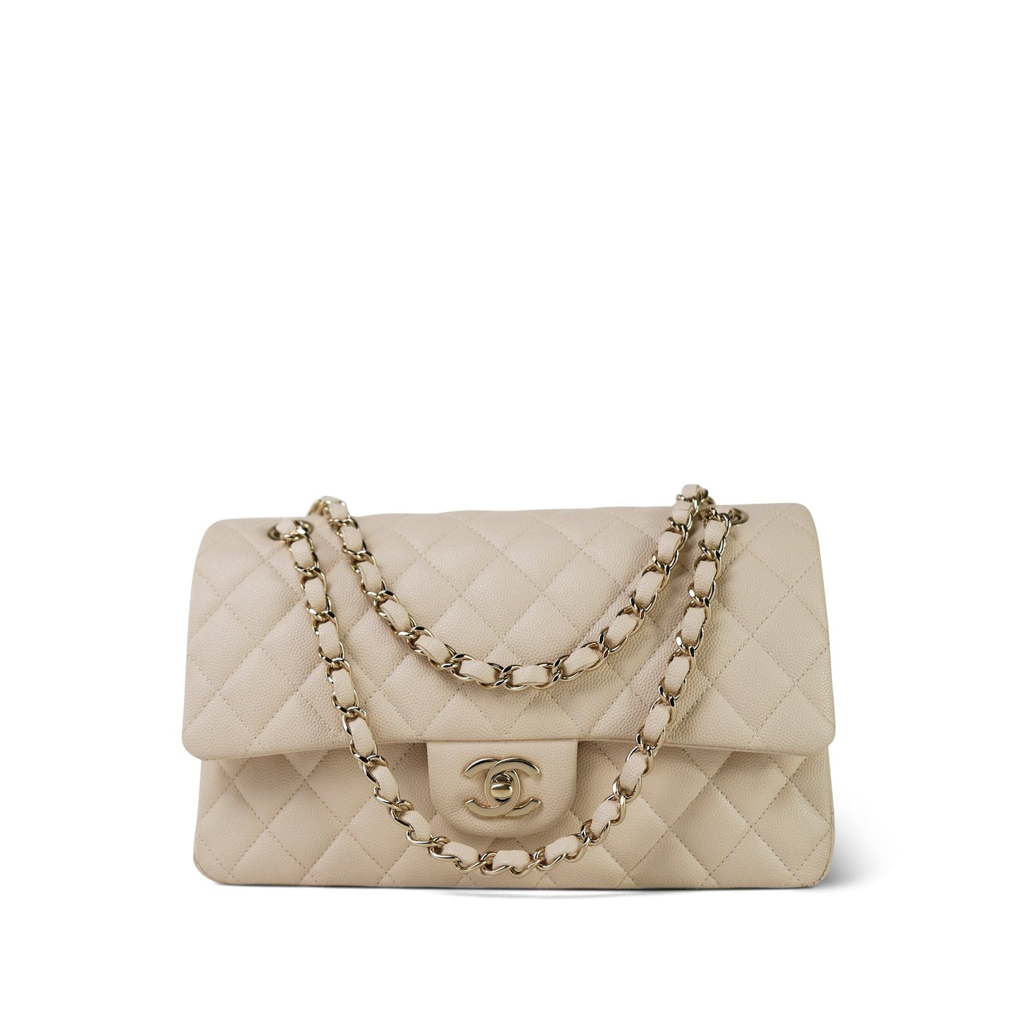 20C Light Beige Caviar Quilted Classic Flap Medium Light Gold Hardware
