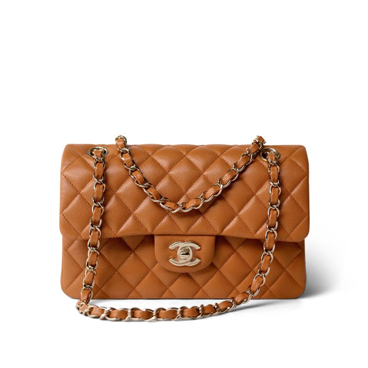 21A Caramel/Light Brown Caviar Quilted Classic Flap Small LGHW