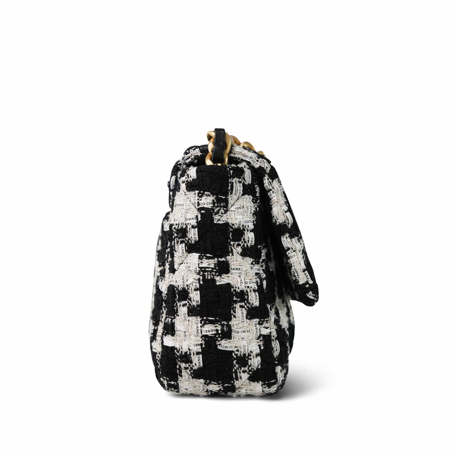 20S Ecru Black & White Ribbon Tweed Quilted 19 Flap Small Mixed Hardware