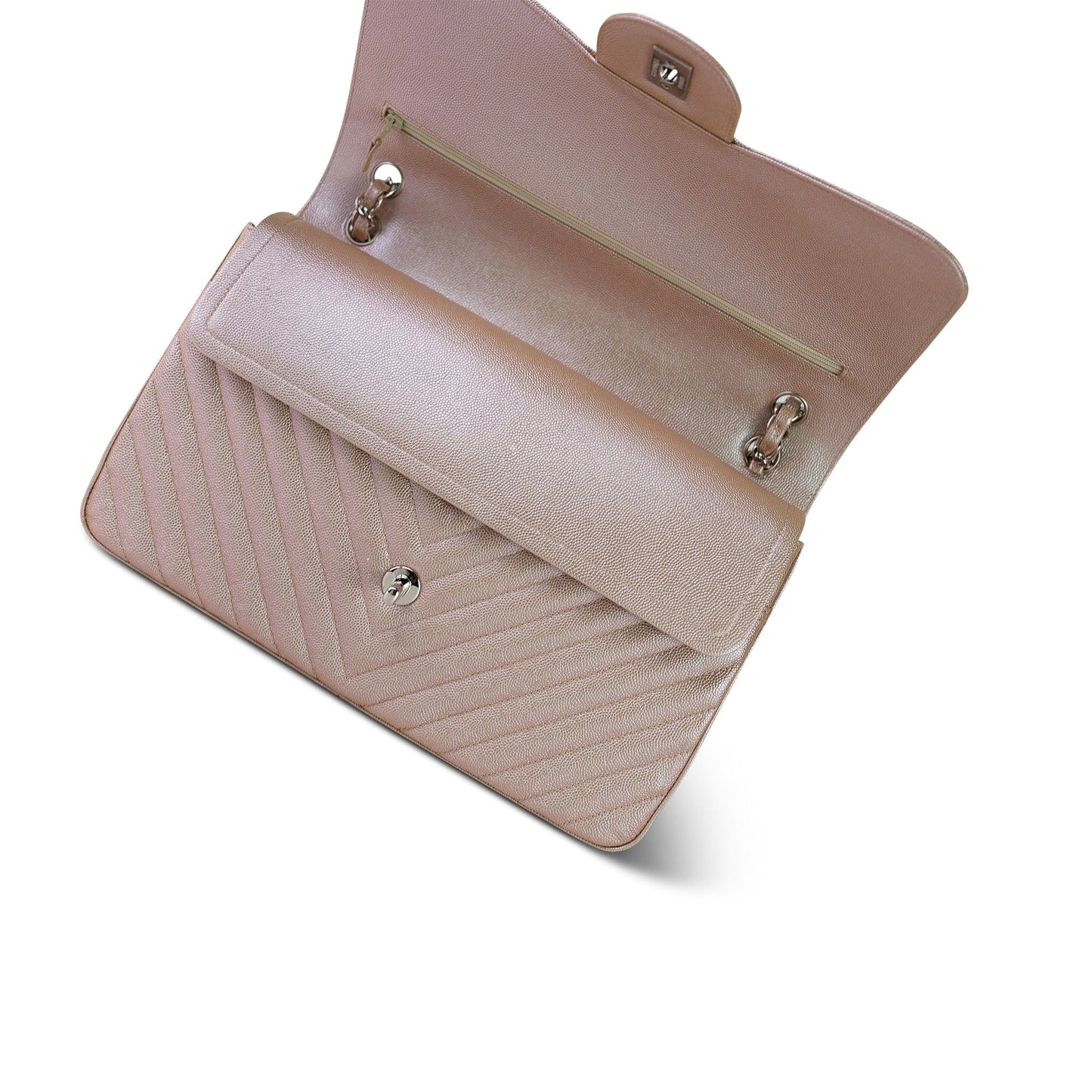 17B Rose Gold Iridescent Chevron Caviar Quilted Jumbo Classic Flap Silver Hardware