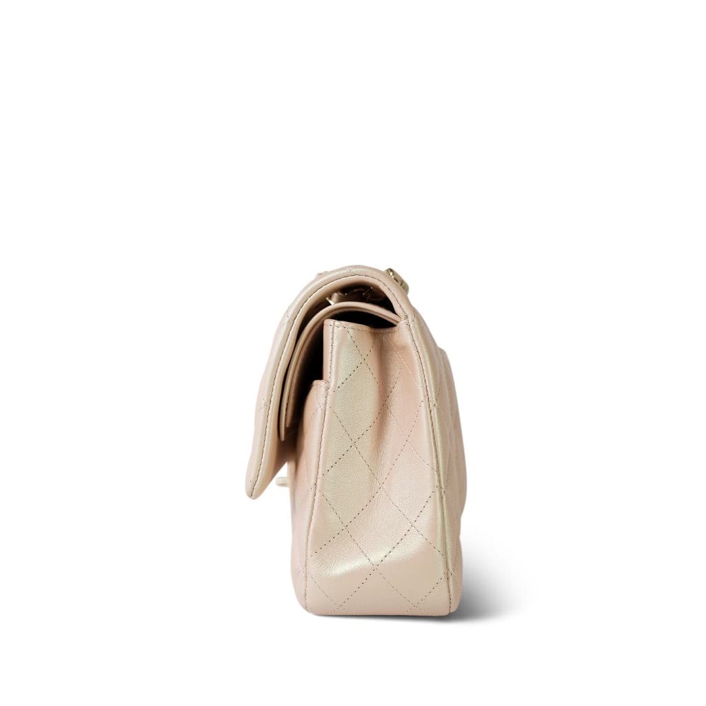 21S Pearly Beige Calfskin Classic Flap Medium Light Gold Hardware