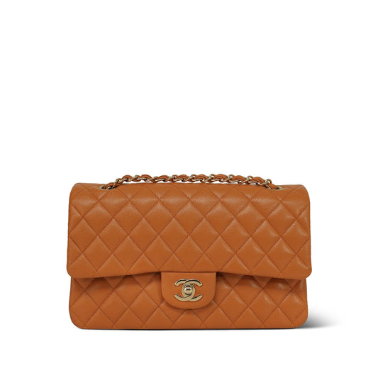 21A Caramel/Orange Caviar Quilted Classic Flap Medium LGHW