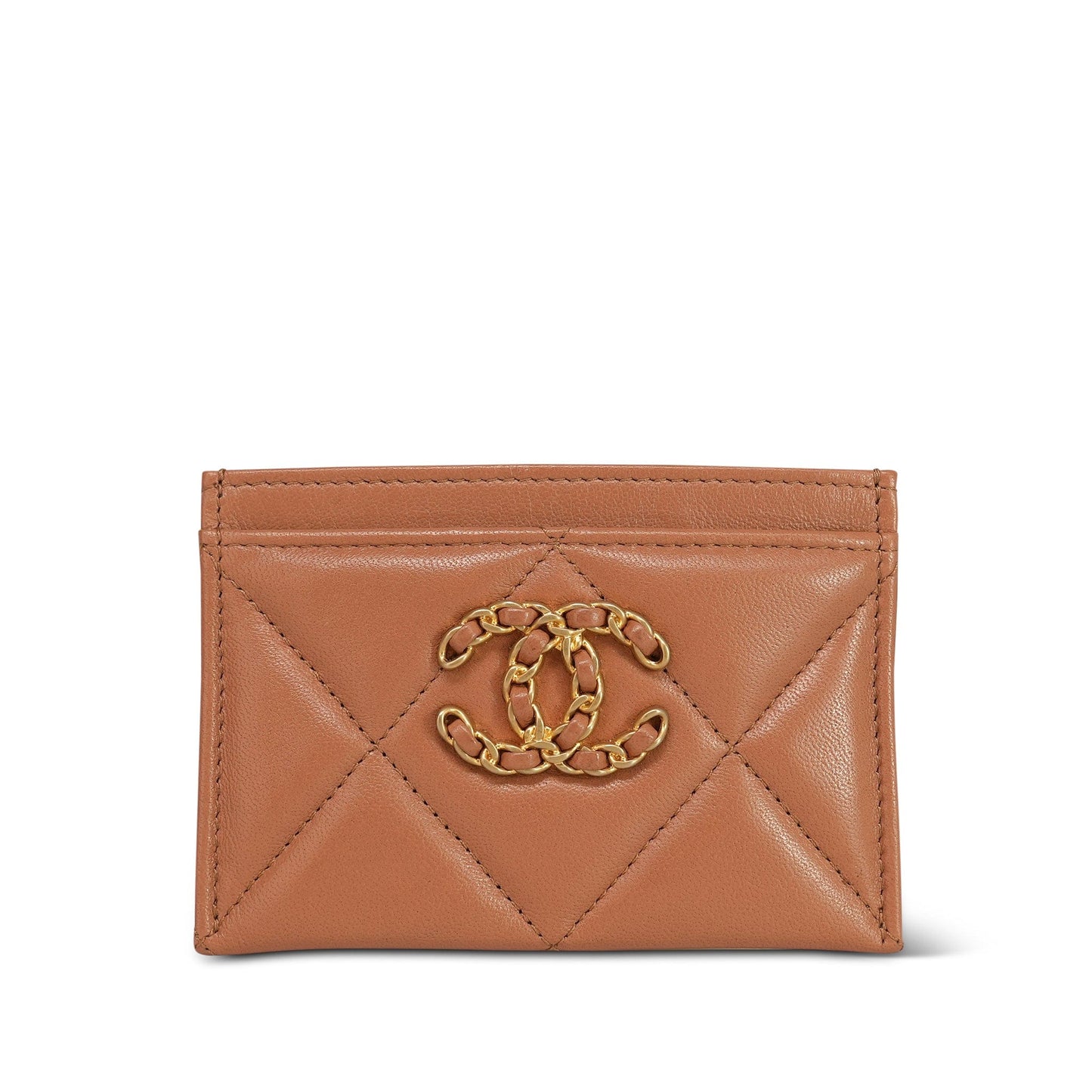 21K Caramel Lambskin Quilted 19 Card Holder Aged Gold Hardware