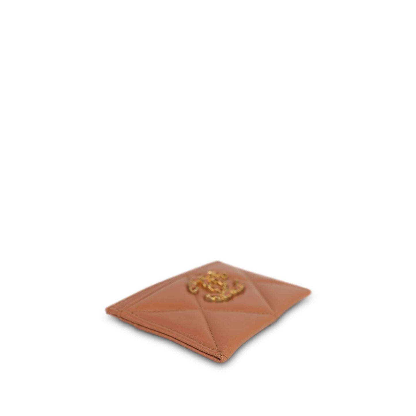 21K Caramel Lambskin Quilted 19 Card Holder Aged Gold Hardware