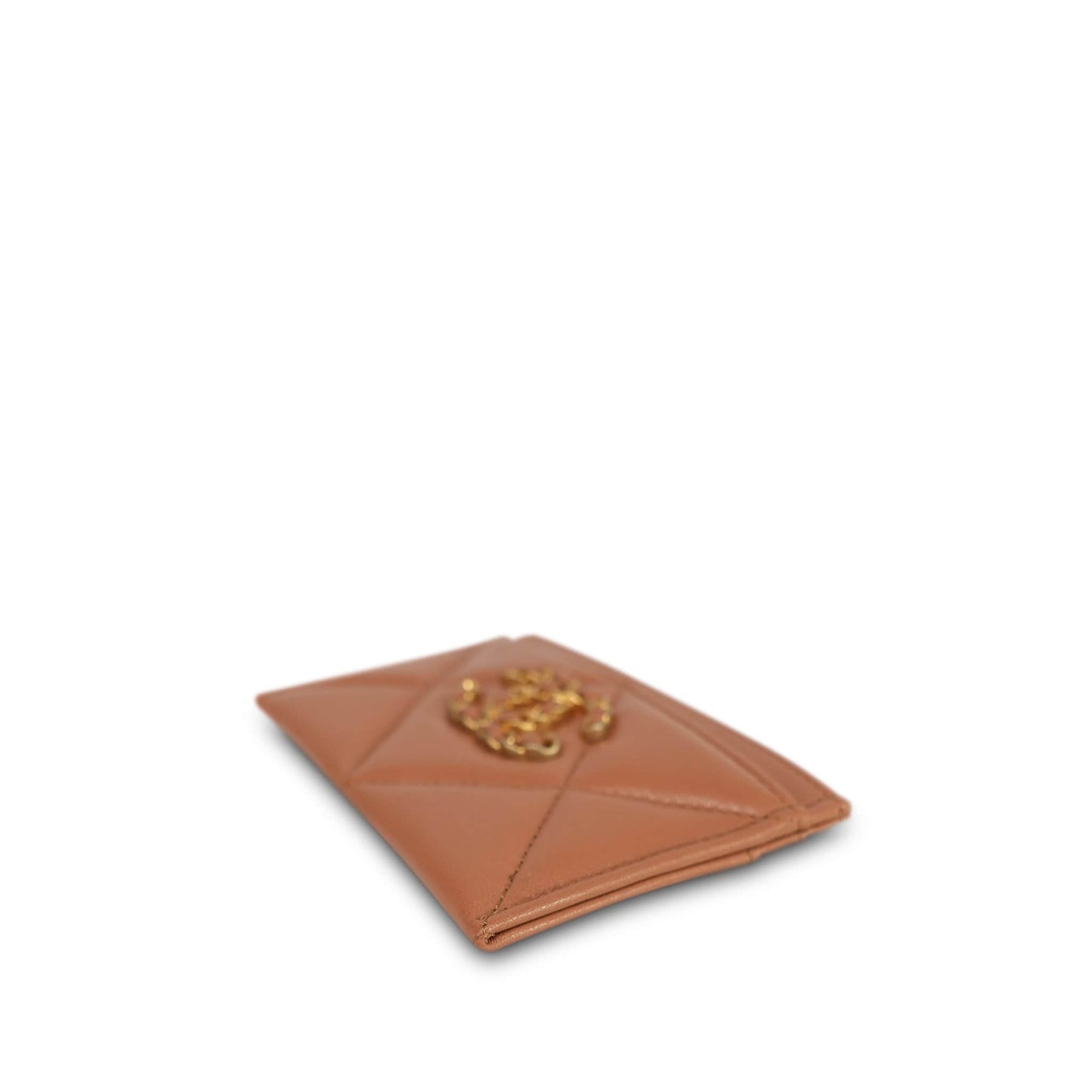 21K Caramel Lambskin Quilted 19 Card Holder Aged Gold Hardware