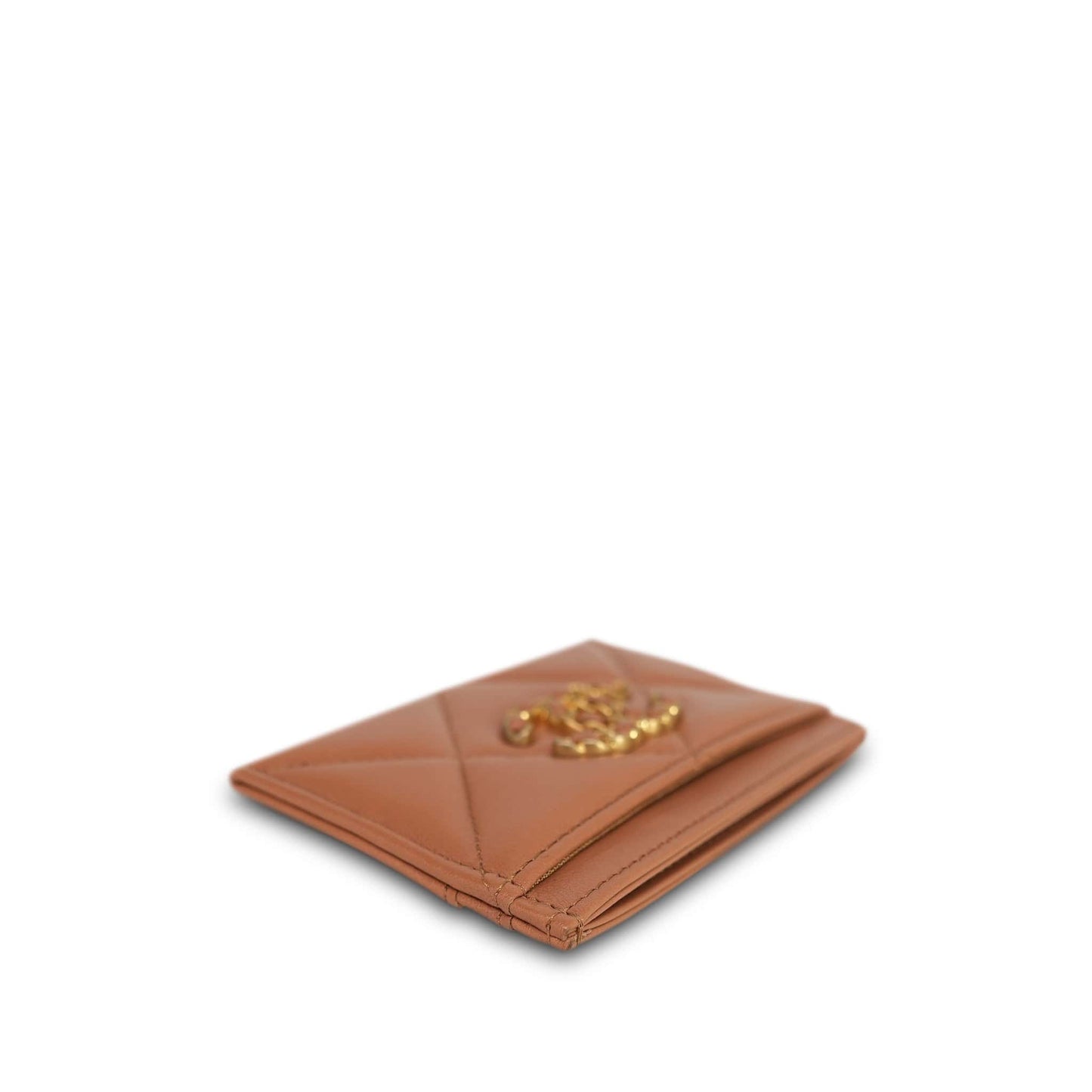 21K Caramel Lambskin Quilted 19 Card Holder Aged Gold Hardware
