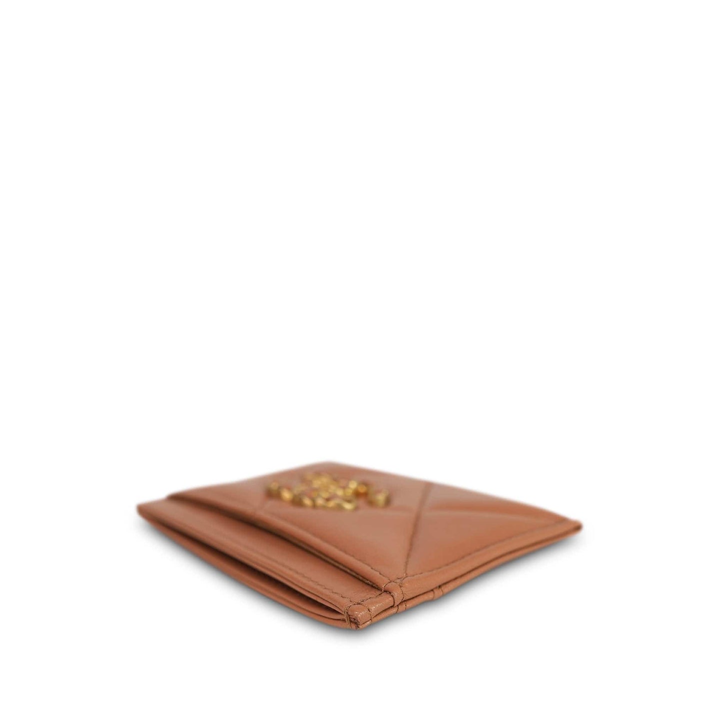 21K Caramel Lambskin Quilted 19 Card Holder Aged Gold Hardware