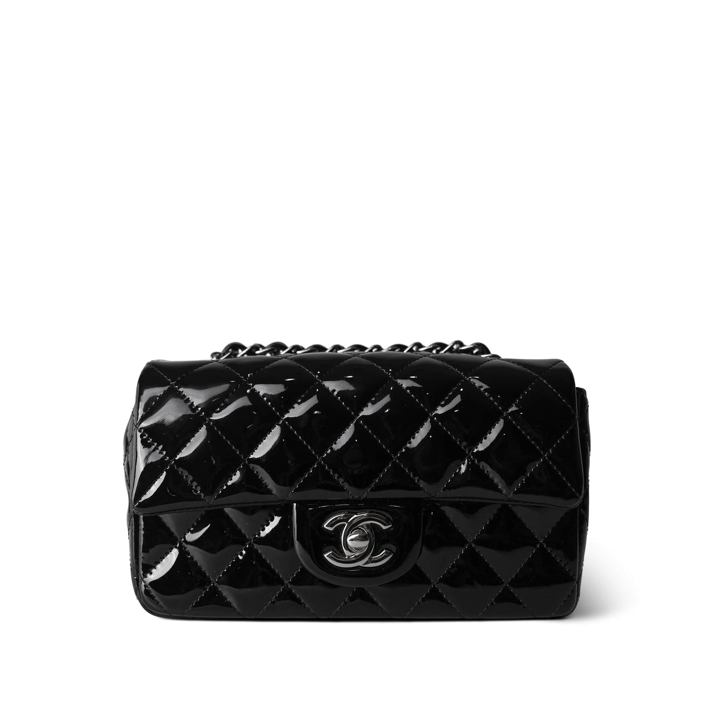 15B Black Patent Quilted Mini Rectangular Flap Silver Hardware