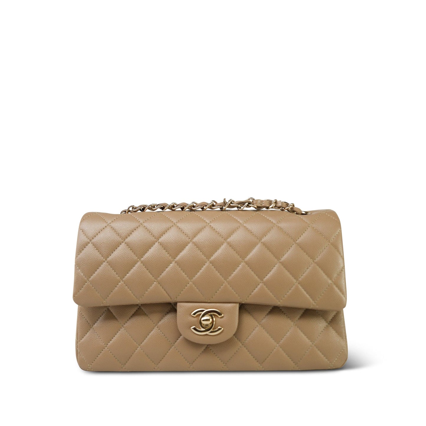 22A Dark Beige Caviar Quilted Medium Classic Flap Light Gold Hardware