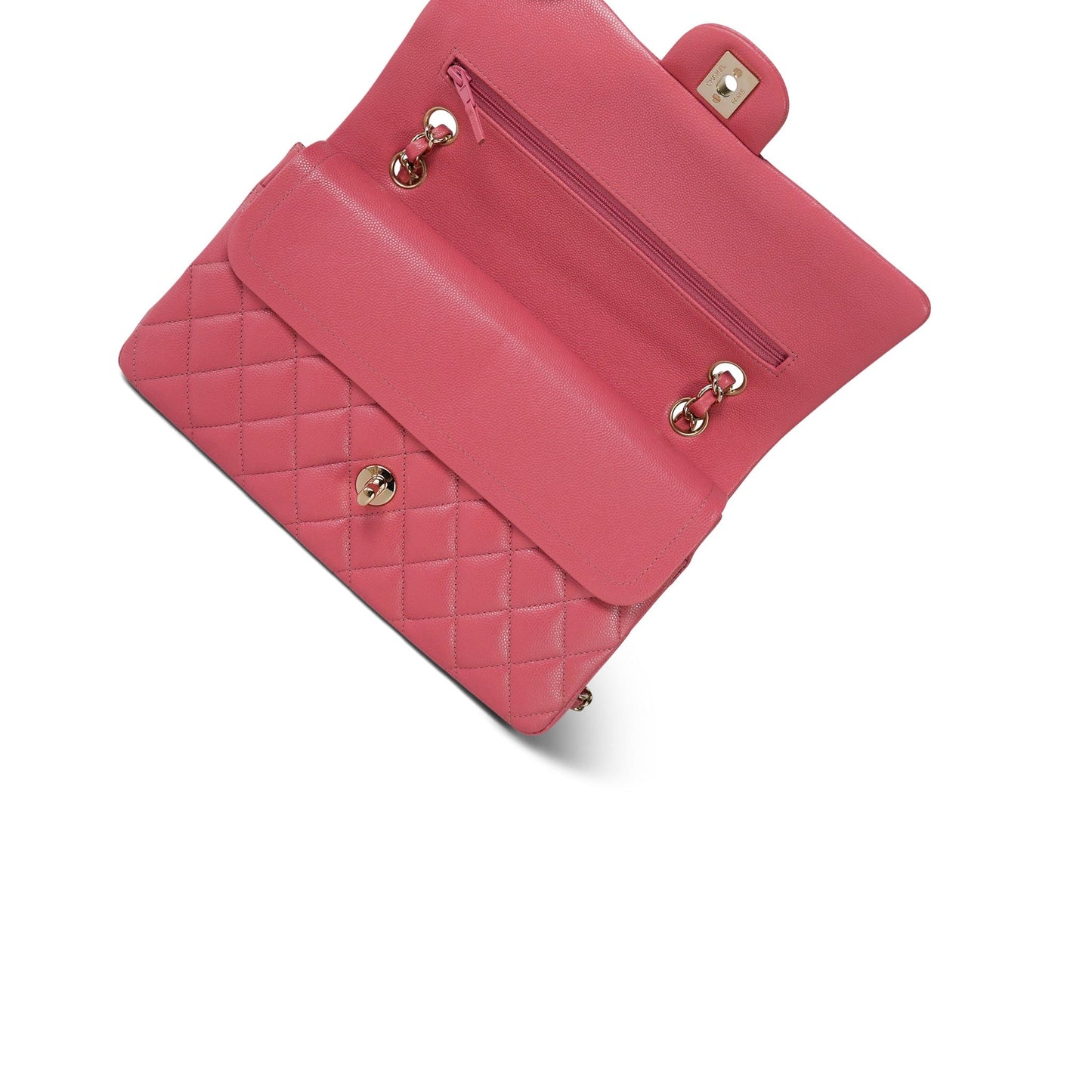 18S Pink Caviar Medium Quilted Classic Double Flap Light Gold Hardware
