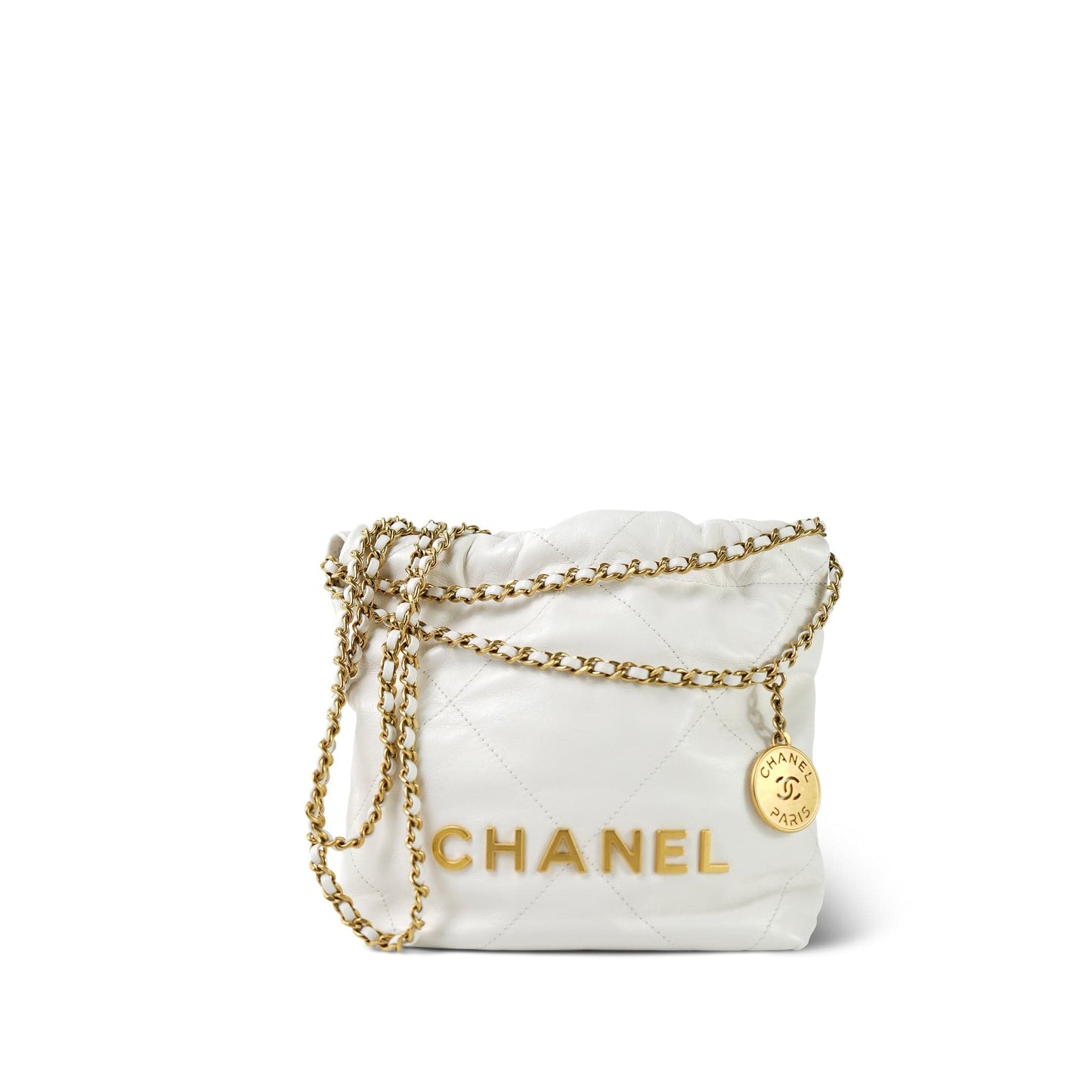 White Calfskin Quilted Mini 22 Bag Aged Gold Hardware