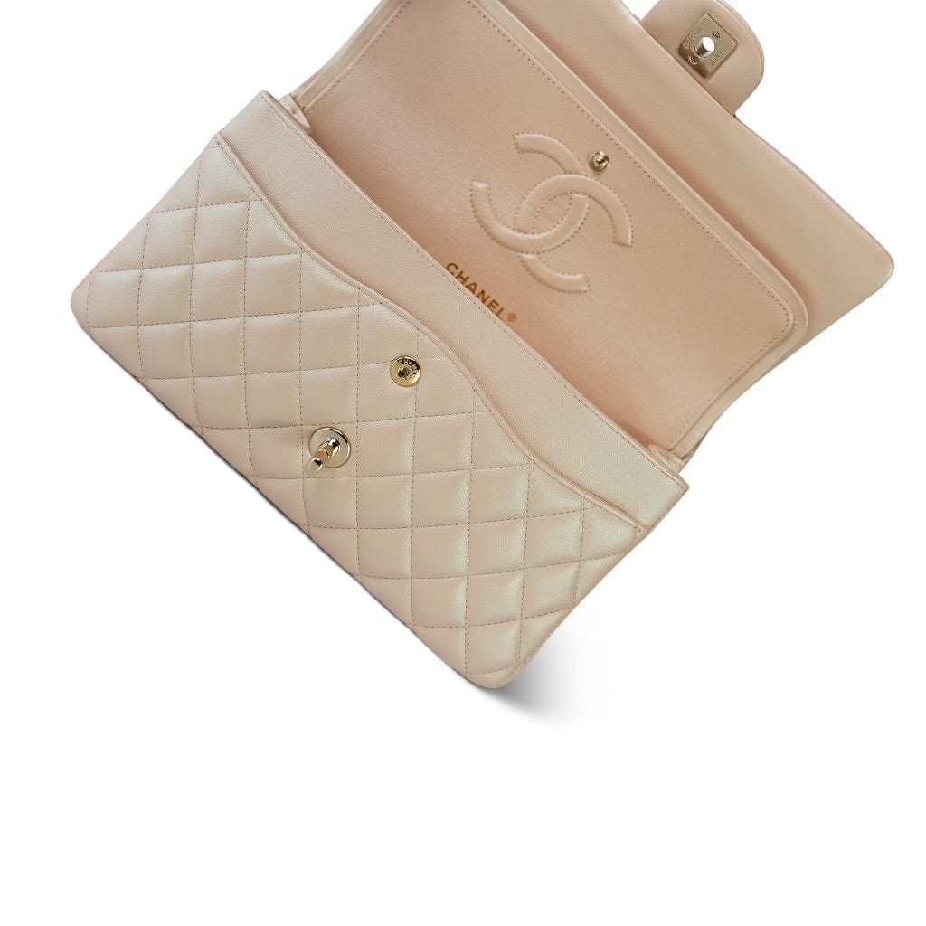 21S Pearly Beige Calfskin Classic Flap Medium Light Gold Hardware