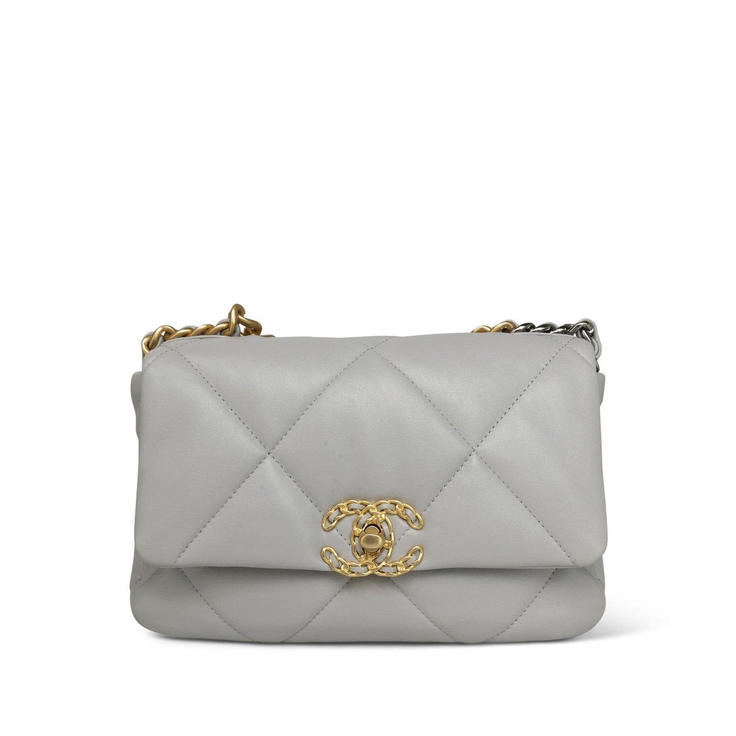 21A Light Grey Lambskin Quilted 19 Flap Small Mixed Hardware