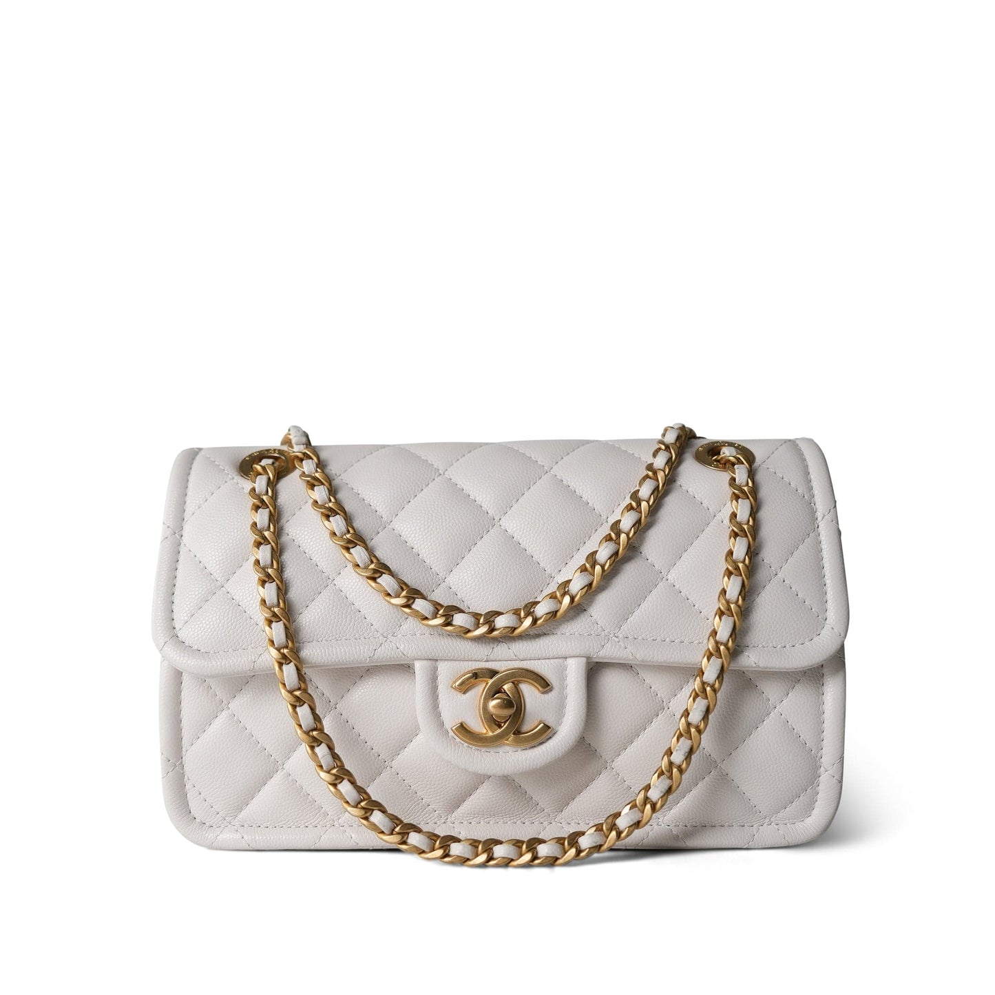 21P White Caviar Quilted Sweet Single Flap Bag Aged Gold Hardware