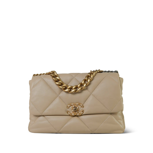 21B Beige Lambskin Quilted 19 Flap Medium/Large MHW
