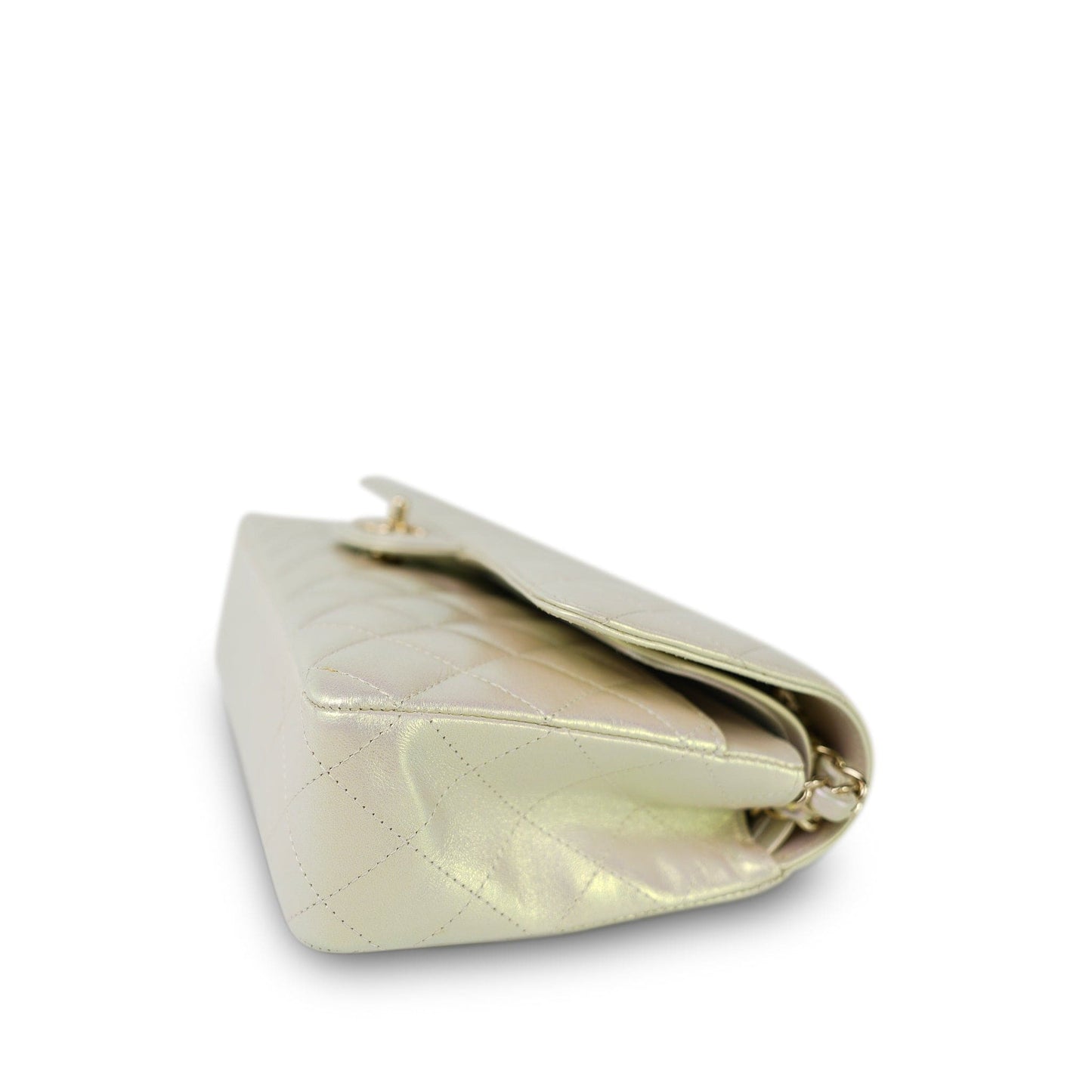 20B Iridescent White Calfskin Quilted Classic Flap Medium Light Gold Hardware