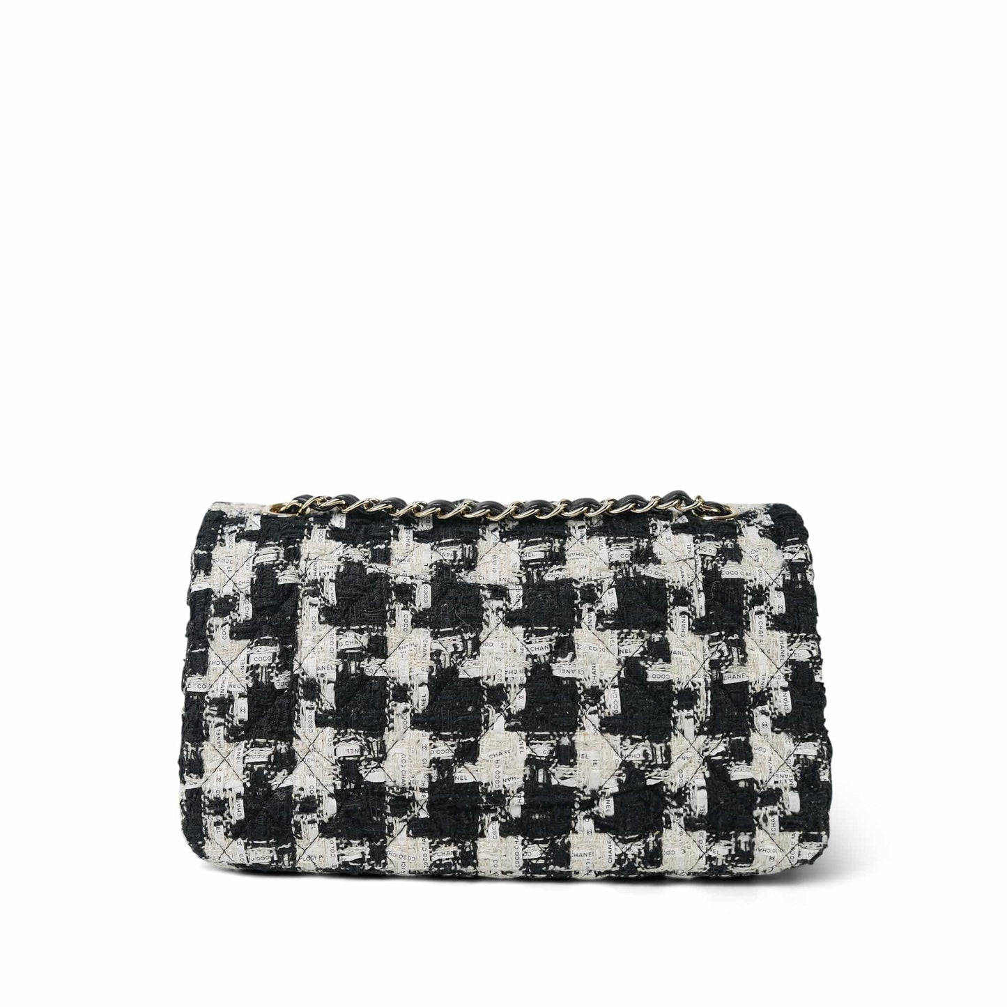 20S Black White Ecru Houndstooth Tweed Quilted Classic Flap Medium LGHW