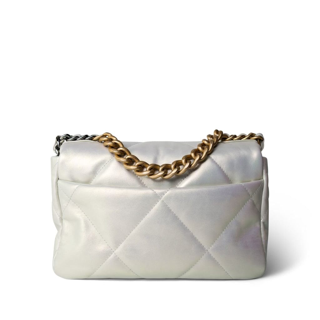 21P Iridescent White Lambskin Quilted 19 Flap Small Mixed Hardware
